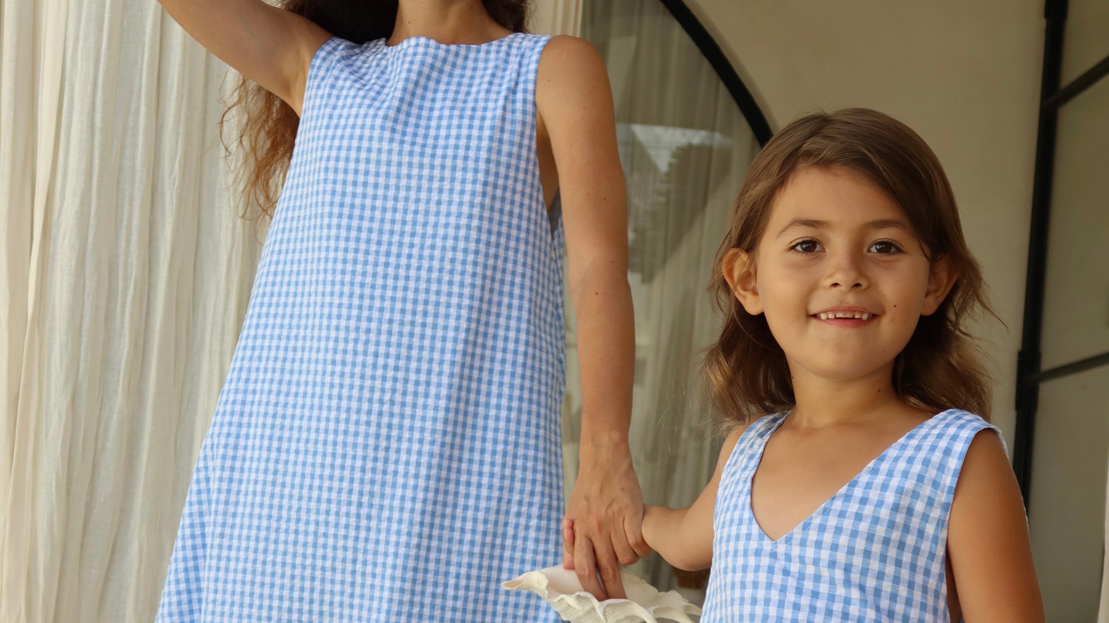 Mommy and Daughter outfits in light blue gingham. Matching cute family outfits for spring and summer 2026