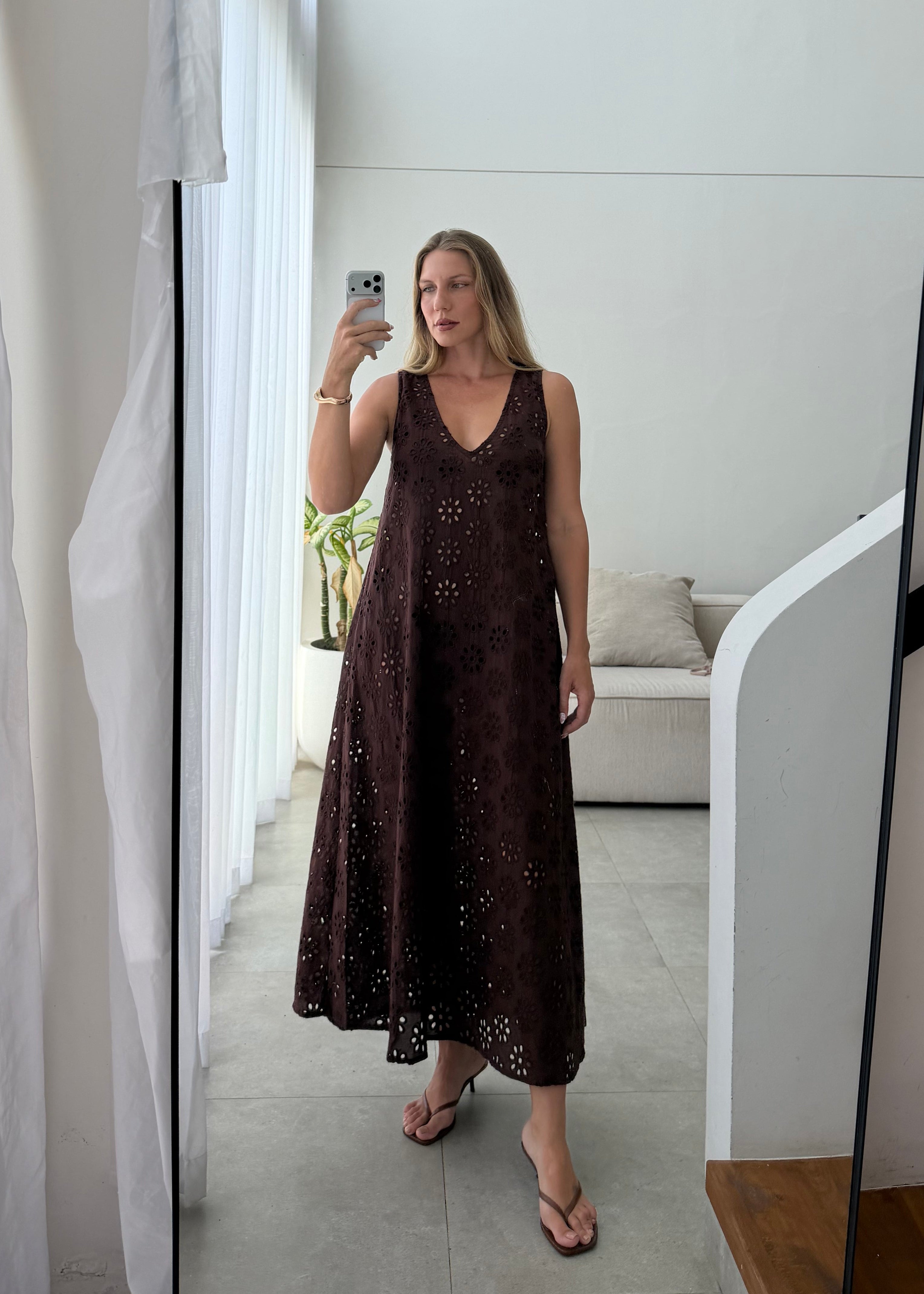 Brown eyelet cover up for summer. Maxi dress with high and low neckline