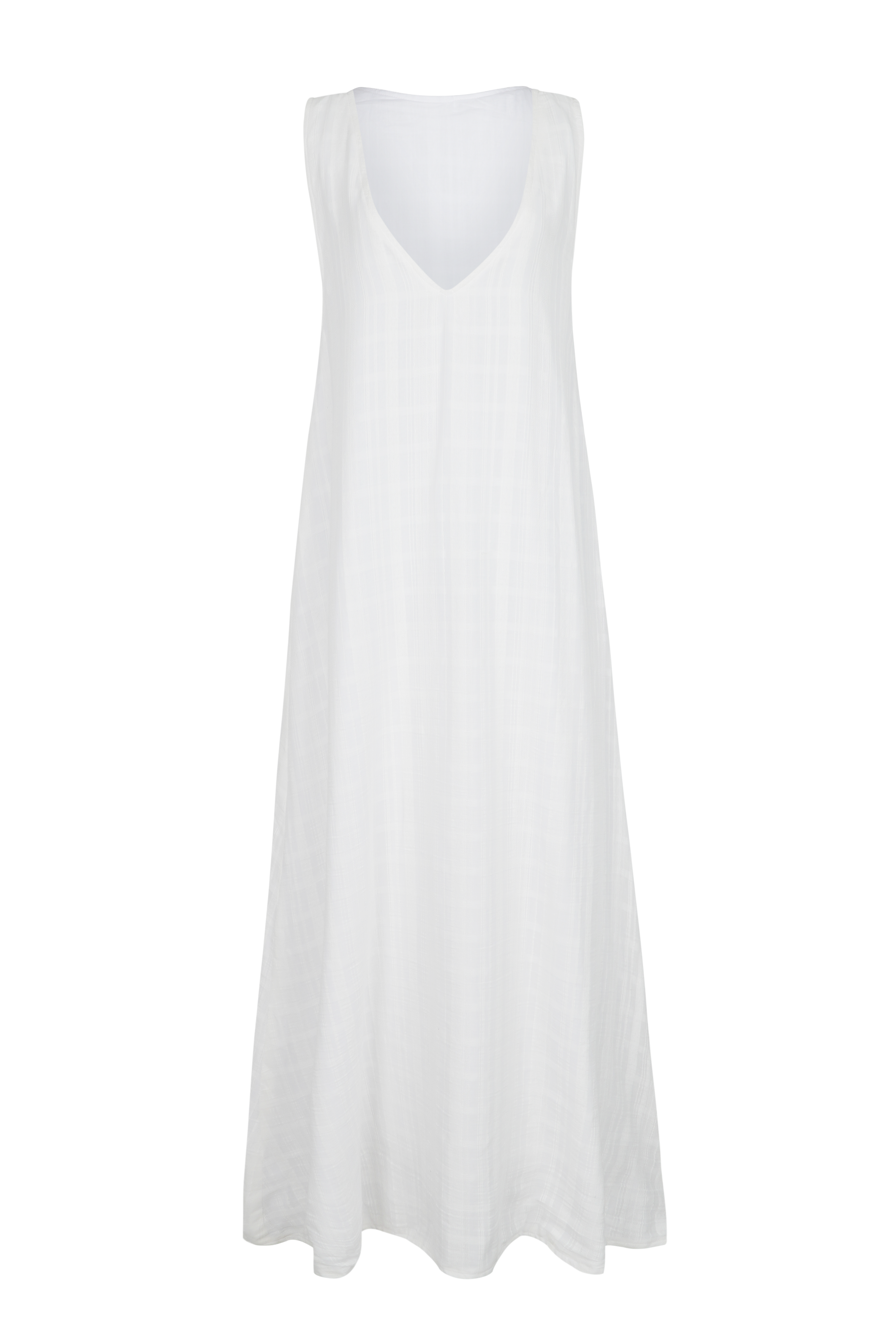 (ghost mannequin) Gili Dress White Square Dot flat lay ghost mannequin, white textured cotton maxi dress side zipper 100% cotton Puka The Label