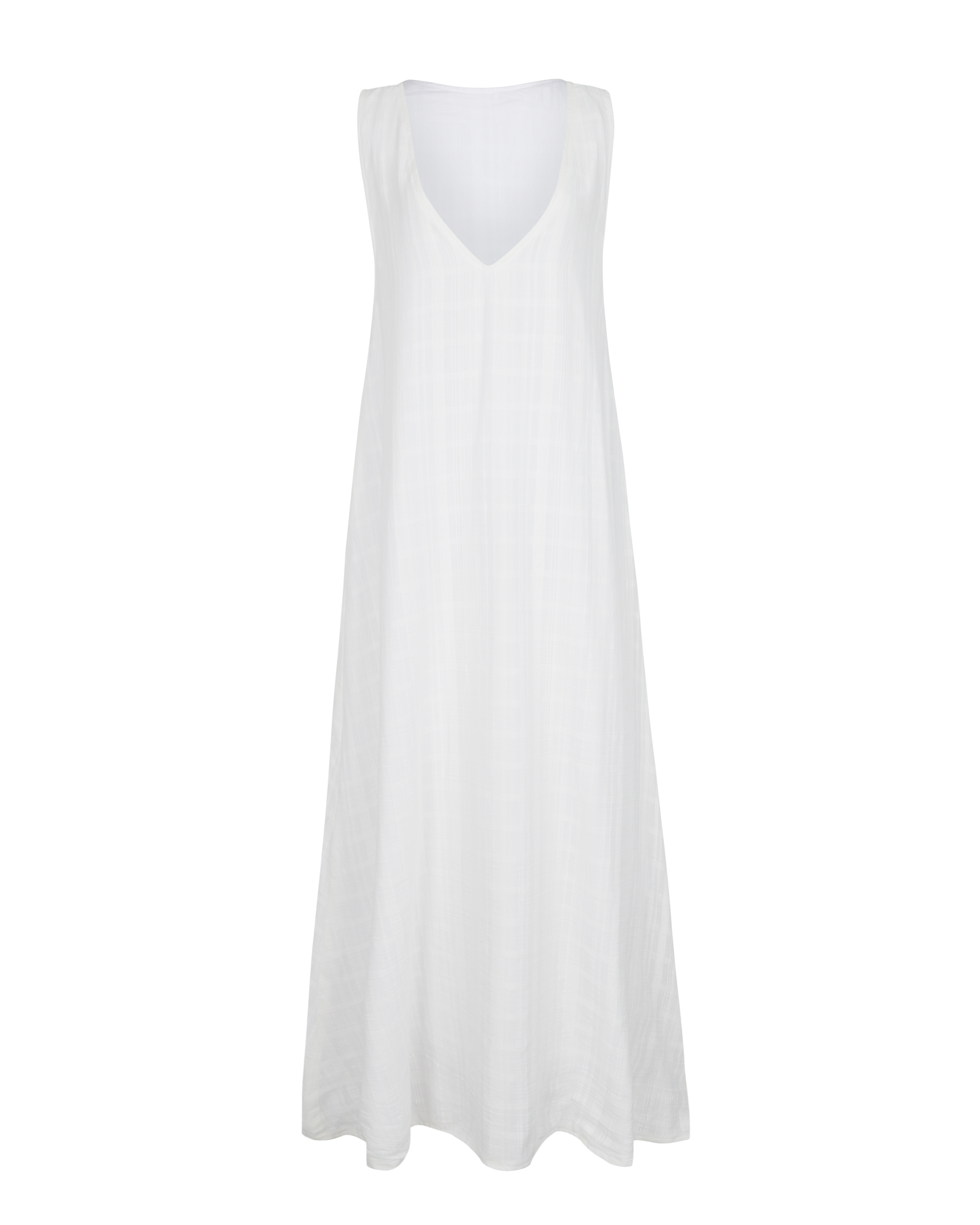 (ghost mannequin) Gili Dress White Square Dot flat lay ghost mannequin, white textured cotton maxi dress side zipper 100% cotton Puka The Label