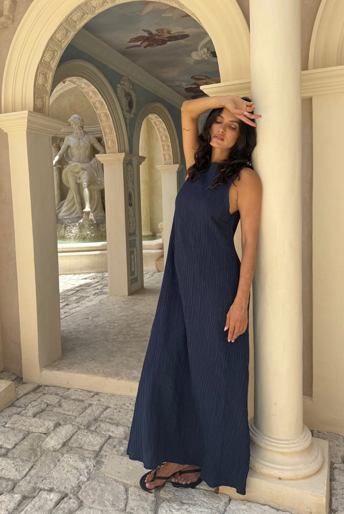 Gili Dress Navy - chic fall maxi dress, krinkle texture, Upper East Side NYC style, women's transitional fall look