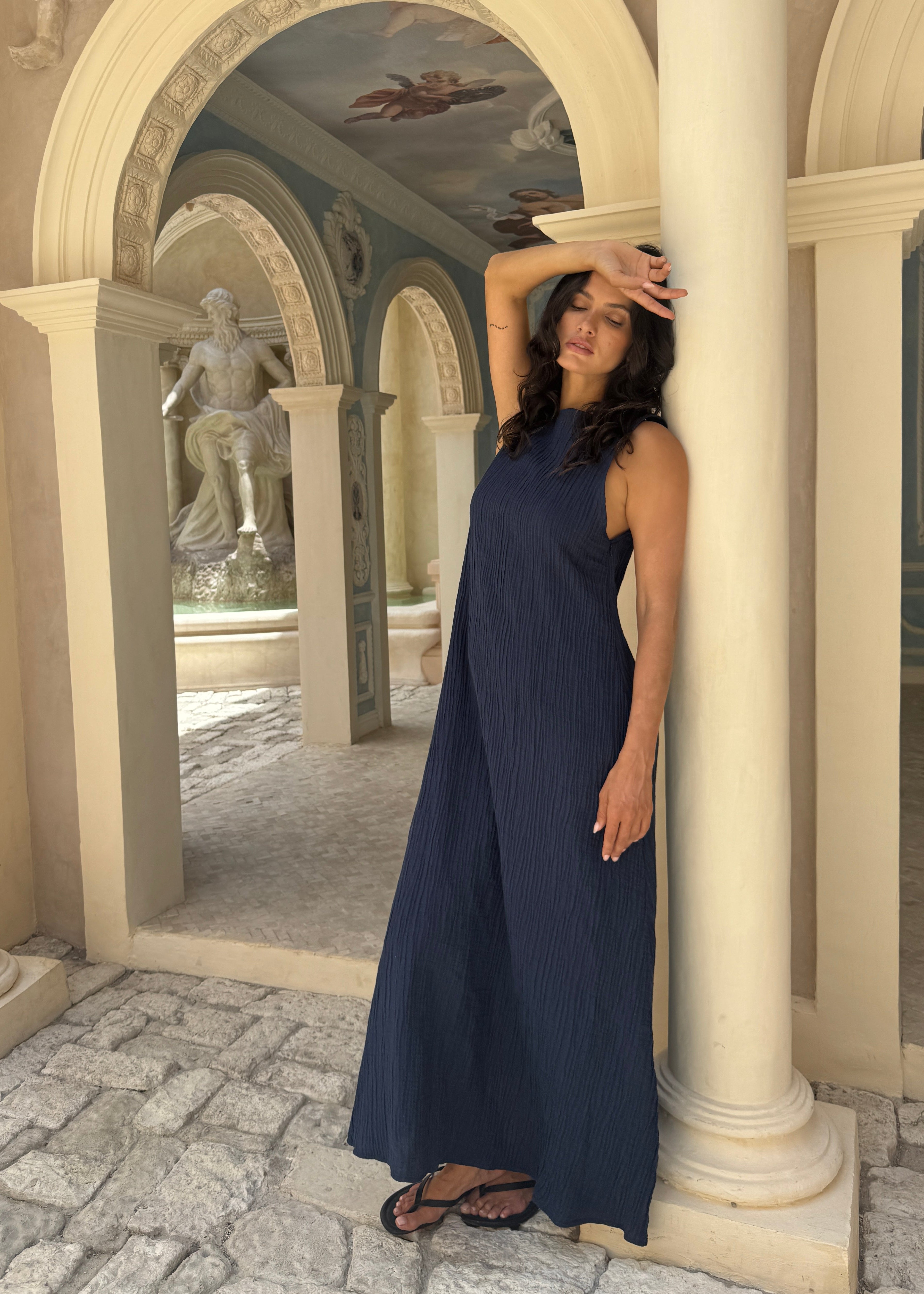 Gili Dress Navy - chic fall maxi dress, krinkle texture, Upper East Side NYC style, women's transitional fall look