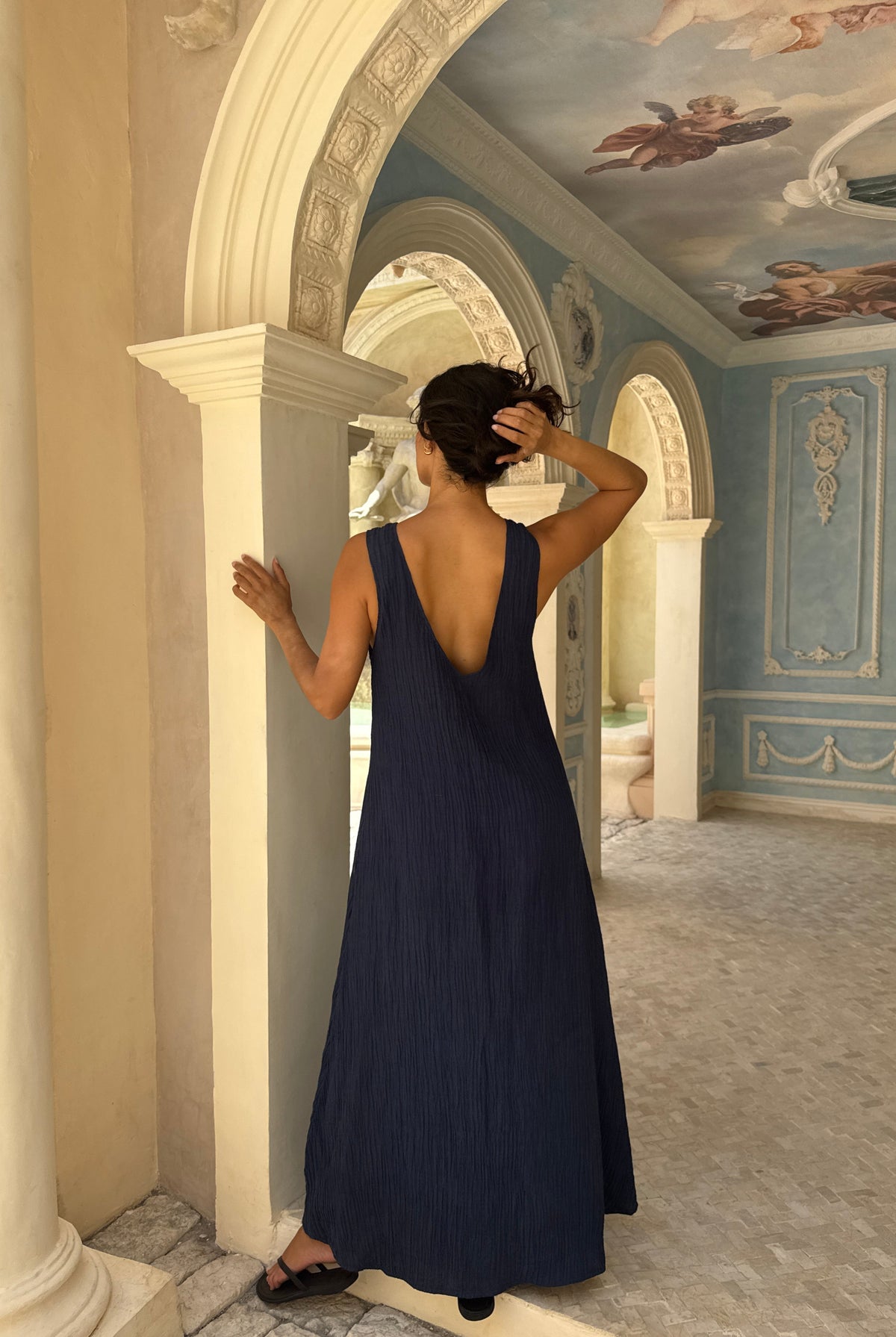 Navy Maxi Dress Krinkle Texture - Gili Dress fall outfit, elegant women's dress for fall events, Puka The Label