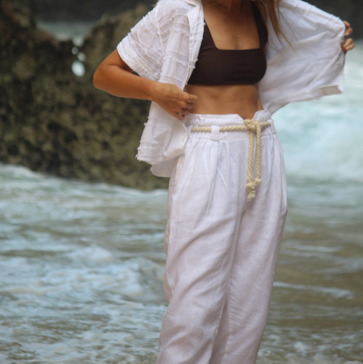 Women's white linen wide-leg pants — Puka Pantai Pant, lightweight pull-on trousers for beach vacation and resort travel