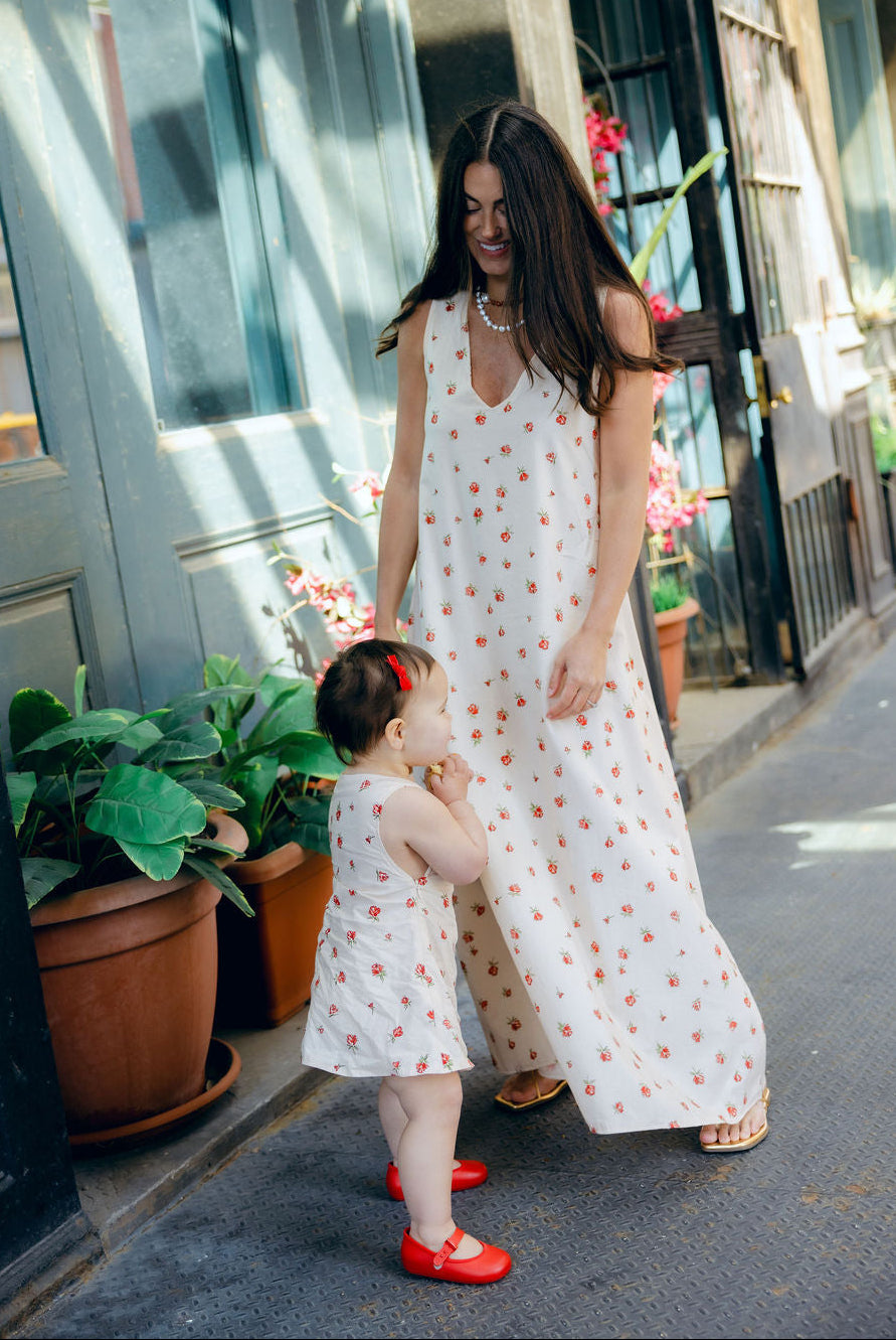 Little Gili Red Posey cream floral cotton toddler dress detail shot, spring summer Mommy and Me girls Easter dress by Puka The Label