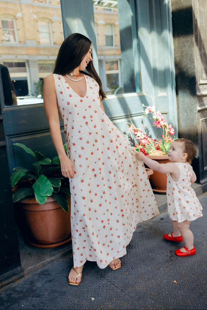 Little Gili Red Posey girls spring summer toddler dress, reversible neckline floral cotton Easter kids dress by Puka The Label