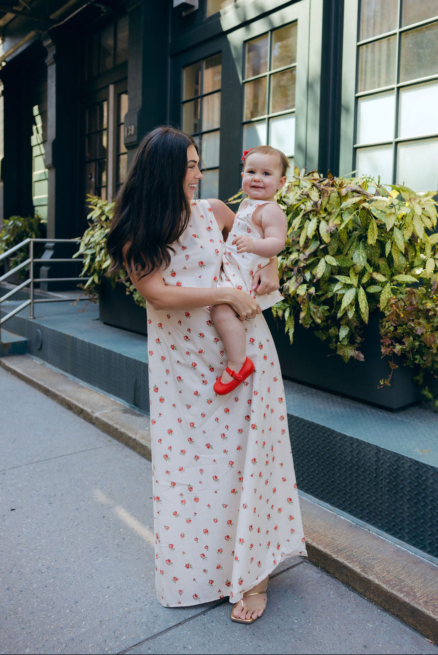 Mommy and Me Red Posey matching floral dresses outdoors, Little Gili toddler girls spring summer Easter kids dress by Puka The Label