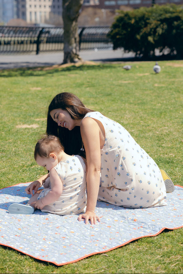 Blue Posey Mini Gili V-neck Mommy and Me picnic spring 2026, mother daughter matching blue floral cotton dress outdoor Puka The Label