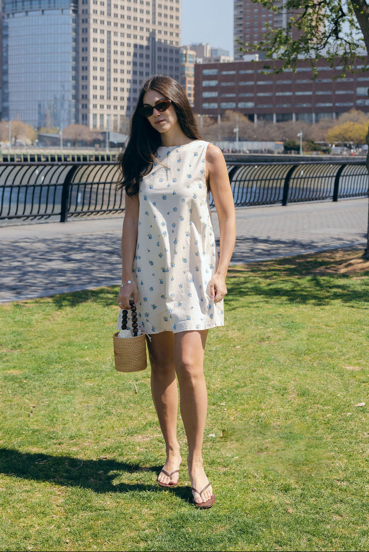 Blue Posey Mini Gili reversible floral cotton mini dress full length front view spring summer 2026 Puka The Label