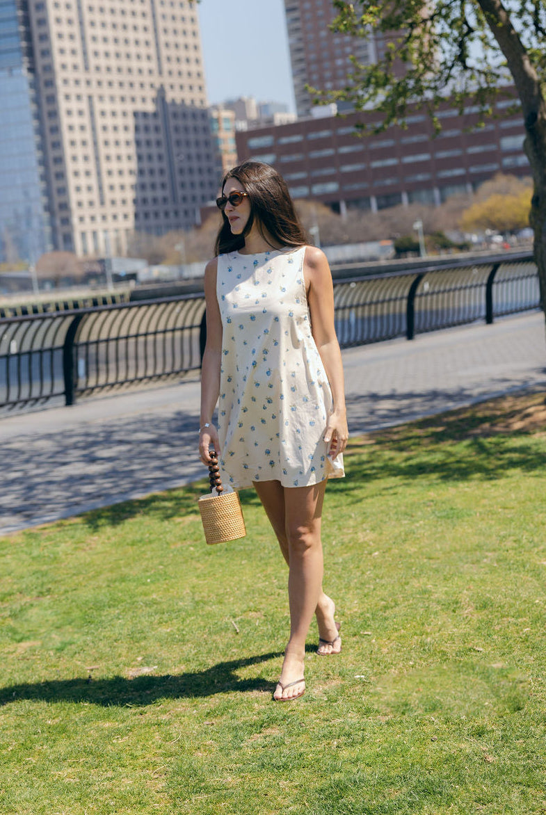 Blue Posey Mini Gili reversible floral cotton mini dress full length front view spring summer 2026 Puka The Label