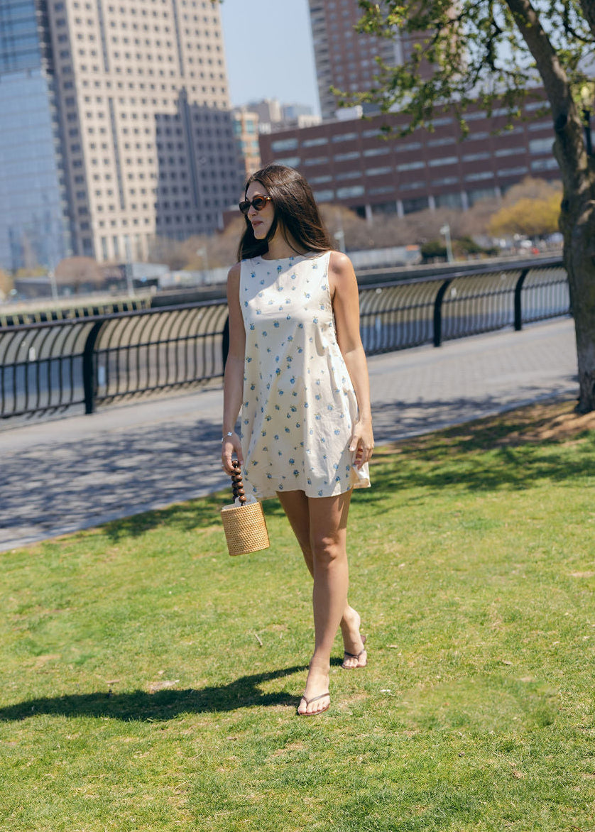 Blue Posey Mini Gili reversible floral cotton mini dress full length front view spring summer 2026 Puka The Label