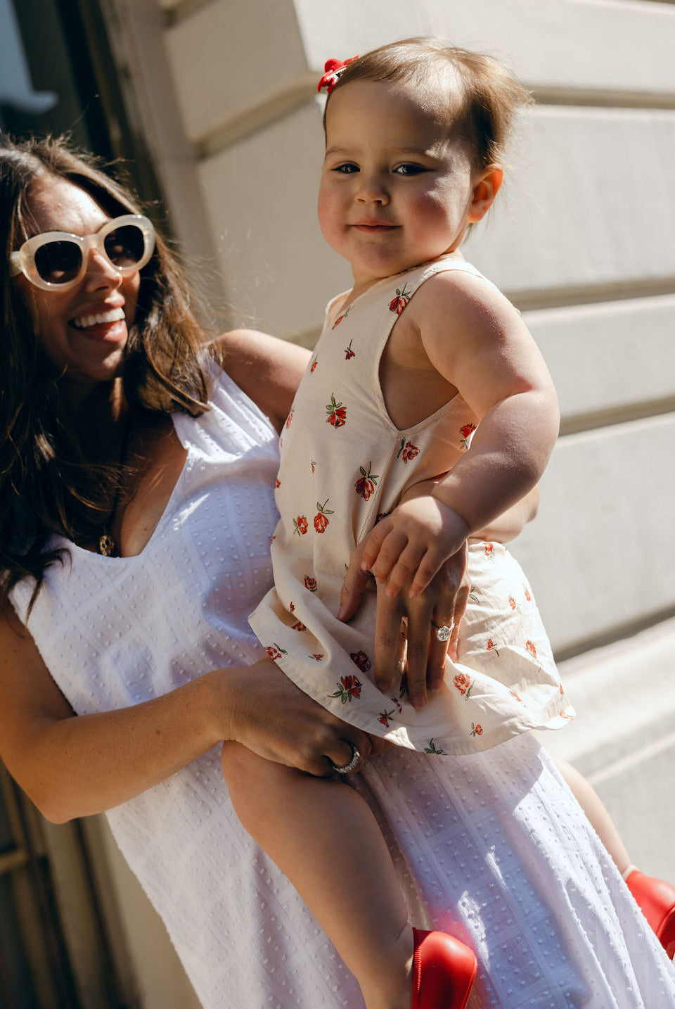 Mommy and Me matching Red Posey floral dresses, Little Gili toddler girls dress paired with adult Gili Dress, Mother's Day Easter spring look by Puka The Label