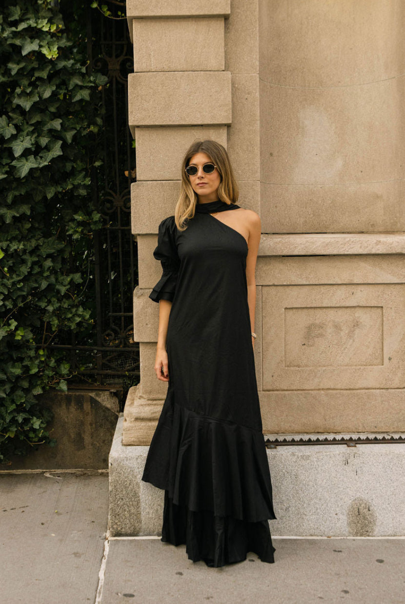 Black Chic Long Ruffle Wedding Guest Dress on Jules Fox (julessfoxx) styled in NYC