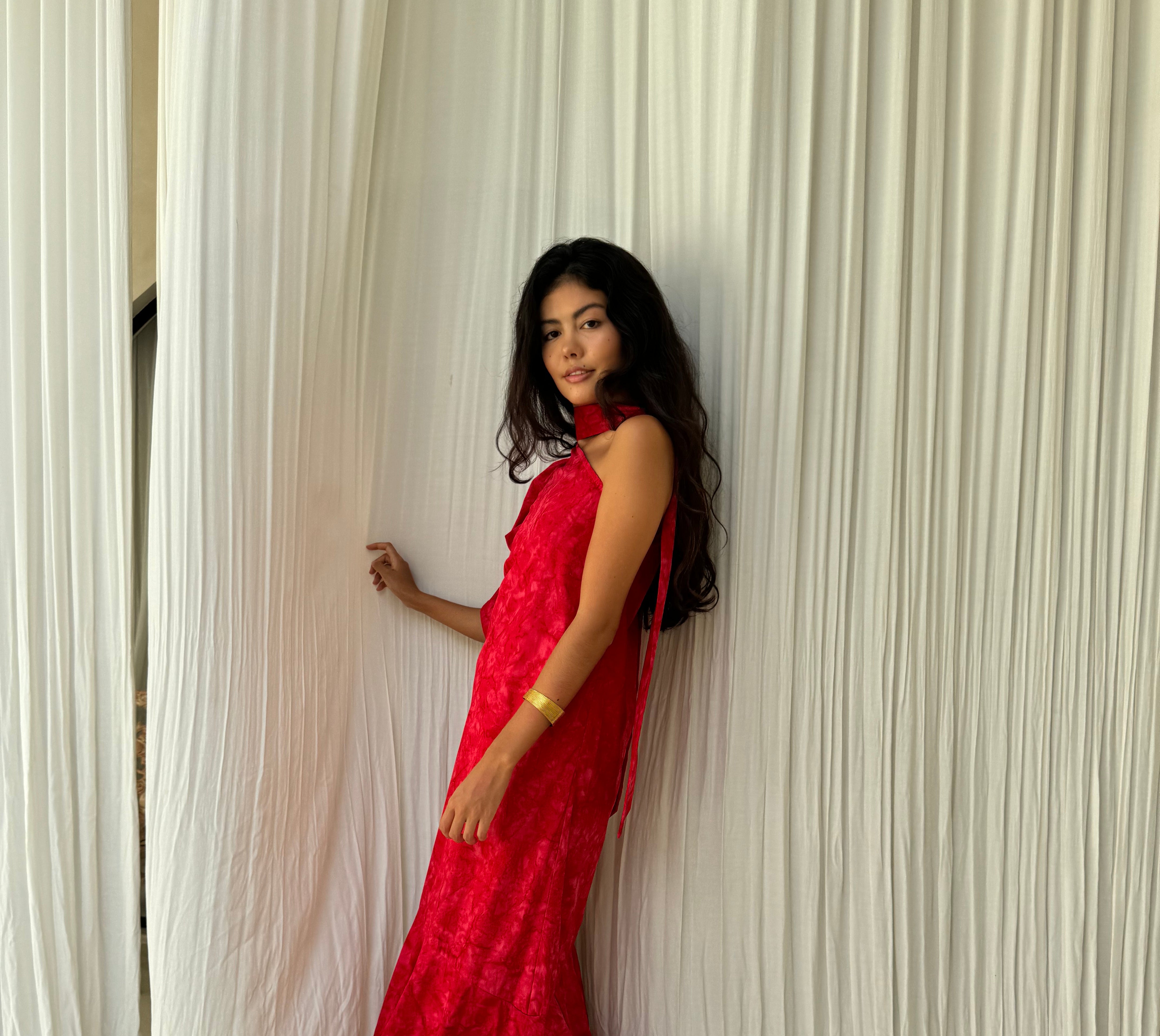 oliday party dress idea red ruffle maxi, elegant evening outfit women 2026 unique hand-dyed cotton dress