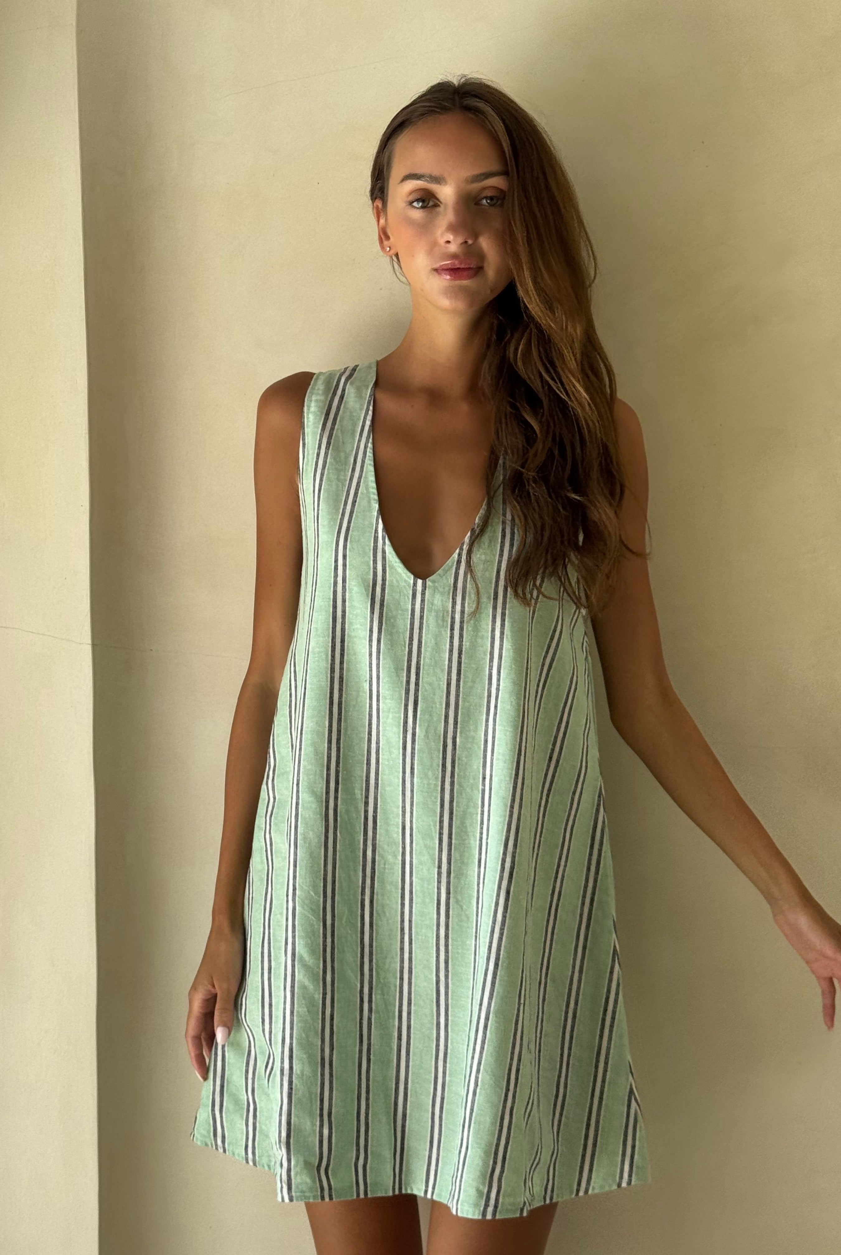 Aquamarine green stripe mini dress Rhode Island and Newport preppy summer outfit 2026, vibrant beach inspired cotton dress for East Coast coastal destination