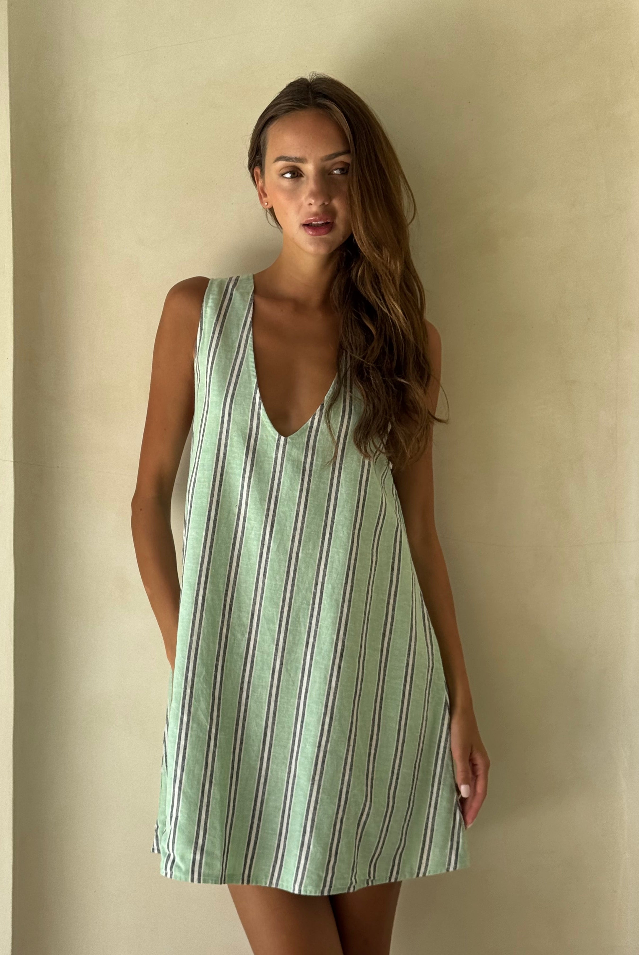 Aquamarine green stripe reversible mini dress beach vacation outfit summer, hemp organic cotton V-neck or high neck mini dress Puka The Label
