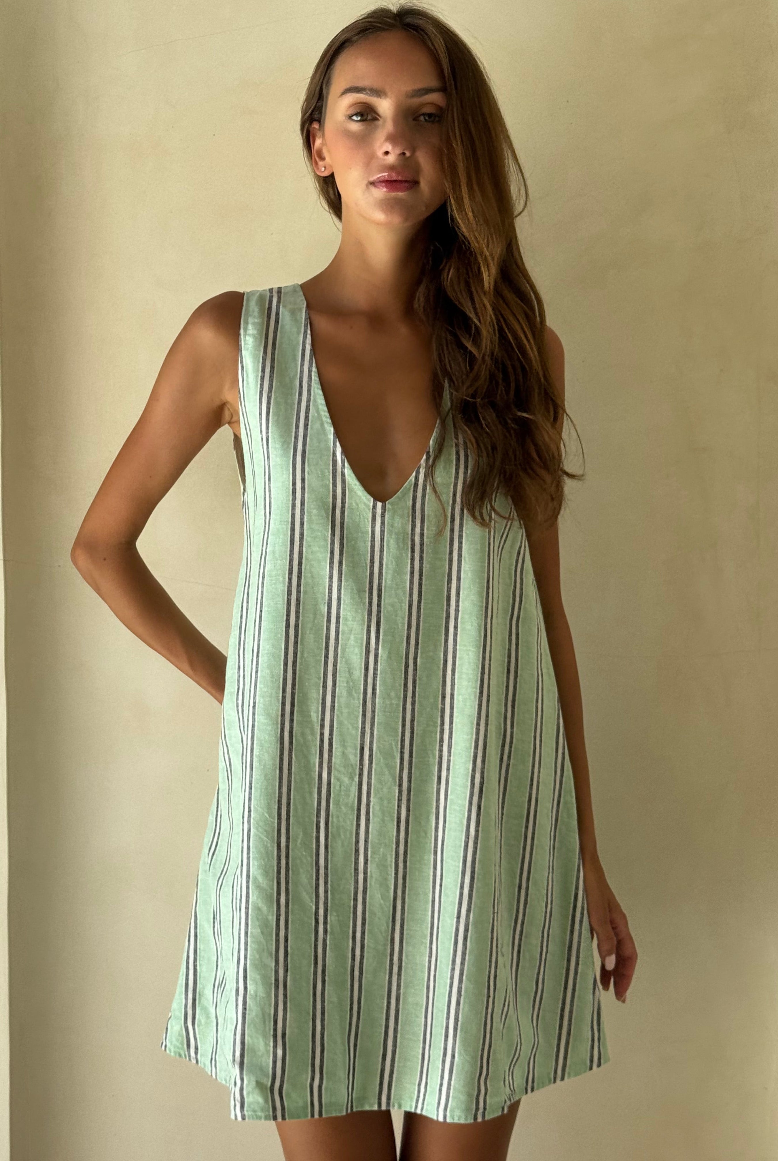 Bright green stripe preppy mini dress Nantucket summer outfit 2026, vibrant hemp cotton beach inspired dress for East Coast coastal getaway and harbor town
