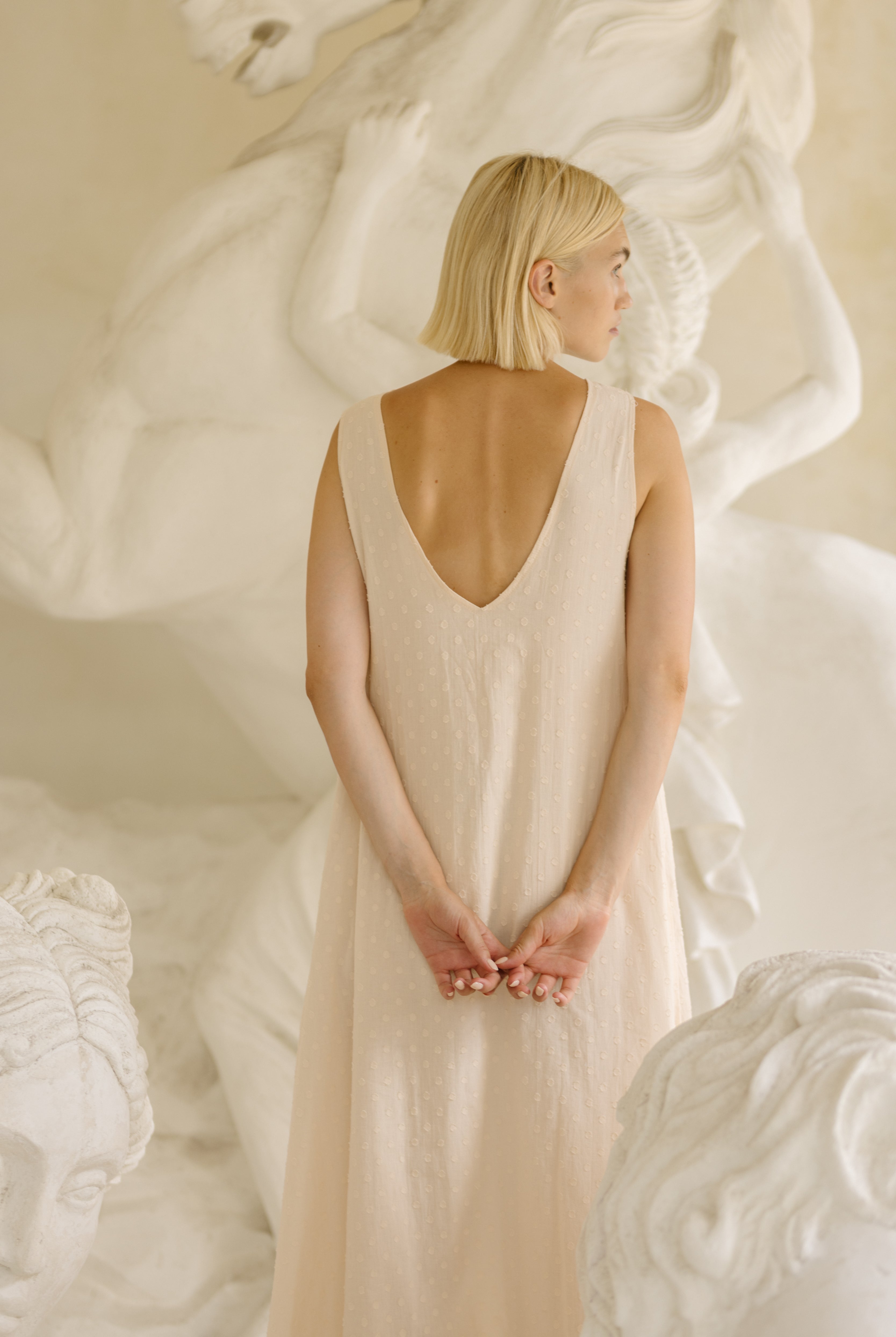 Beige polka dot maxi dress Nantucket summer outfit 2026, old money aesthetic cotton dress for harbor dinner, coastal getaway, and quiet luxury style