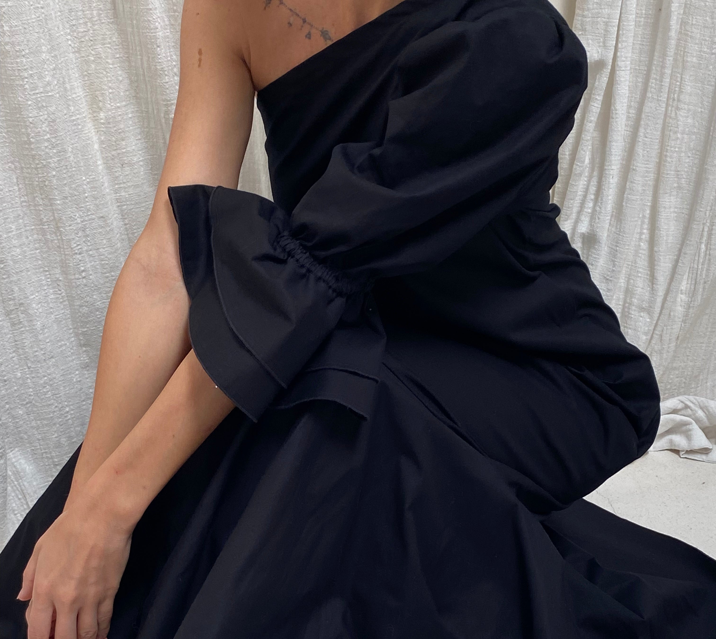 Black cotton maxi dress evening out and vacation outfit idea, versatile one shoulder ruffle dress day to night
