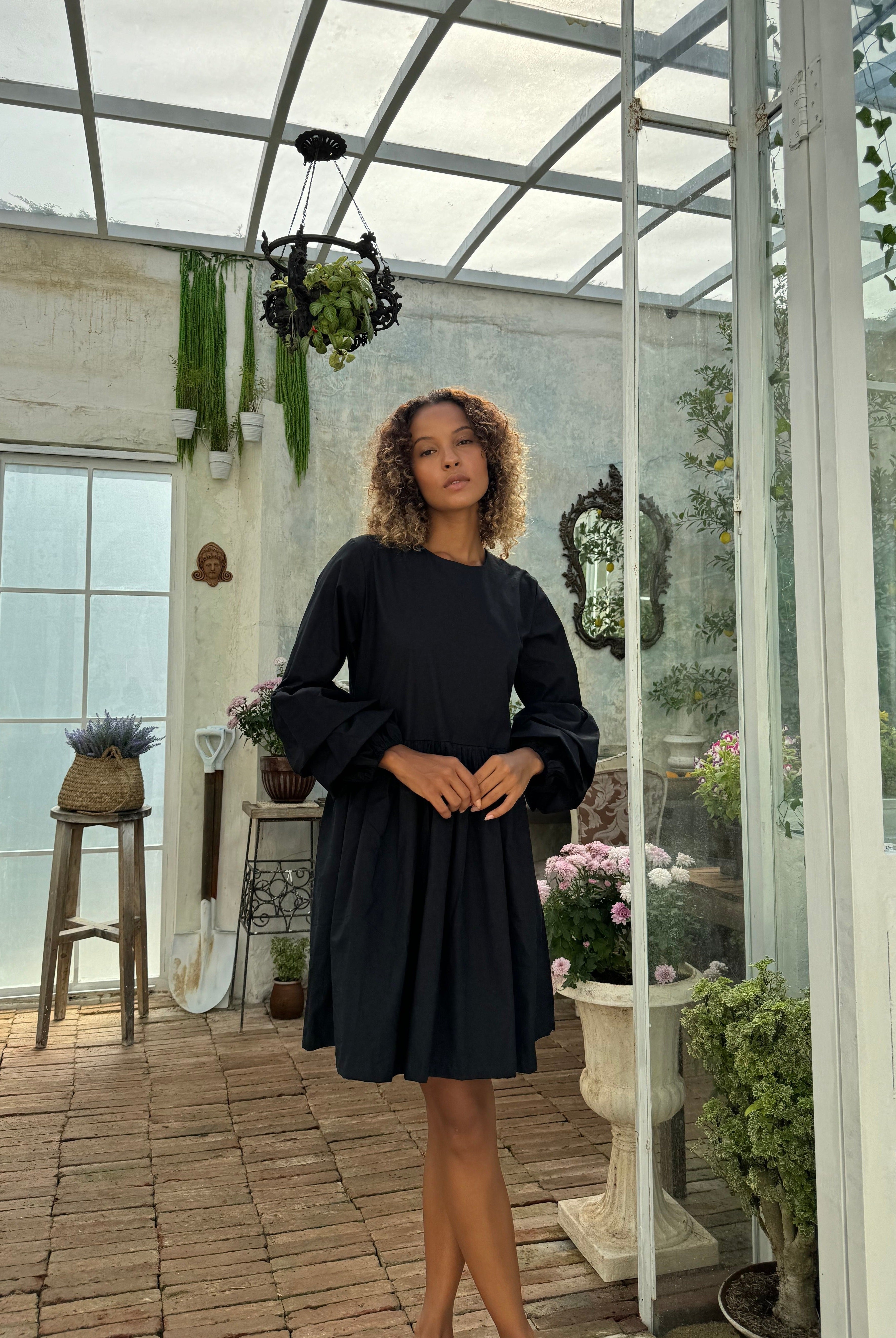 Black cotton mini dress graduation dinner and summer celebration outfit 2026, ruffle sleeve oversized dress for special occasion and evening event