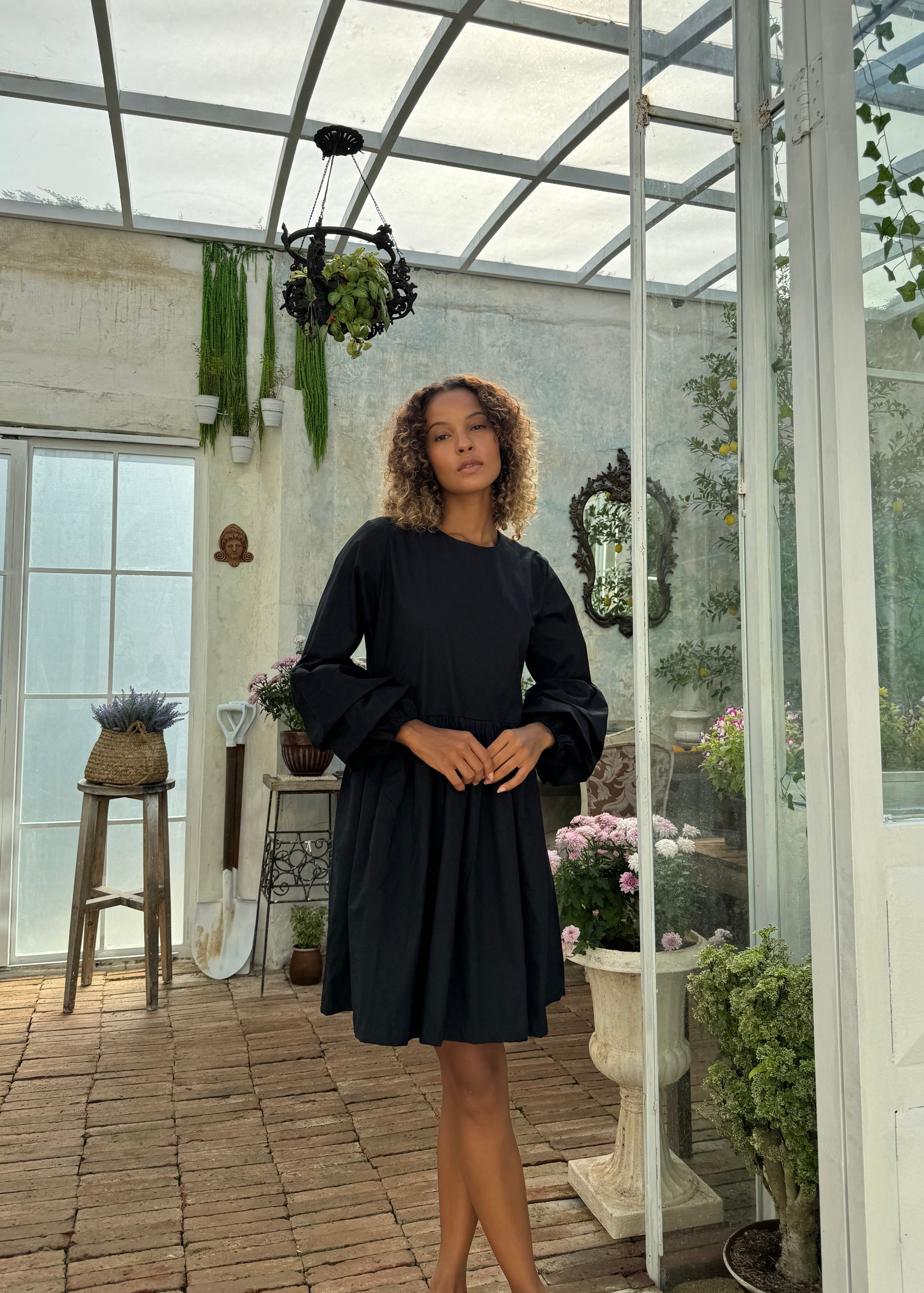 Black cotton mini dress graduation dinner and summer celebration outfit 2026, ruffle sleeve oversized dress for special occasion and evening event