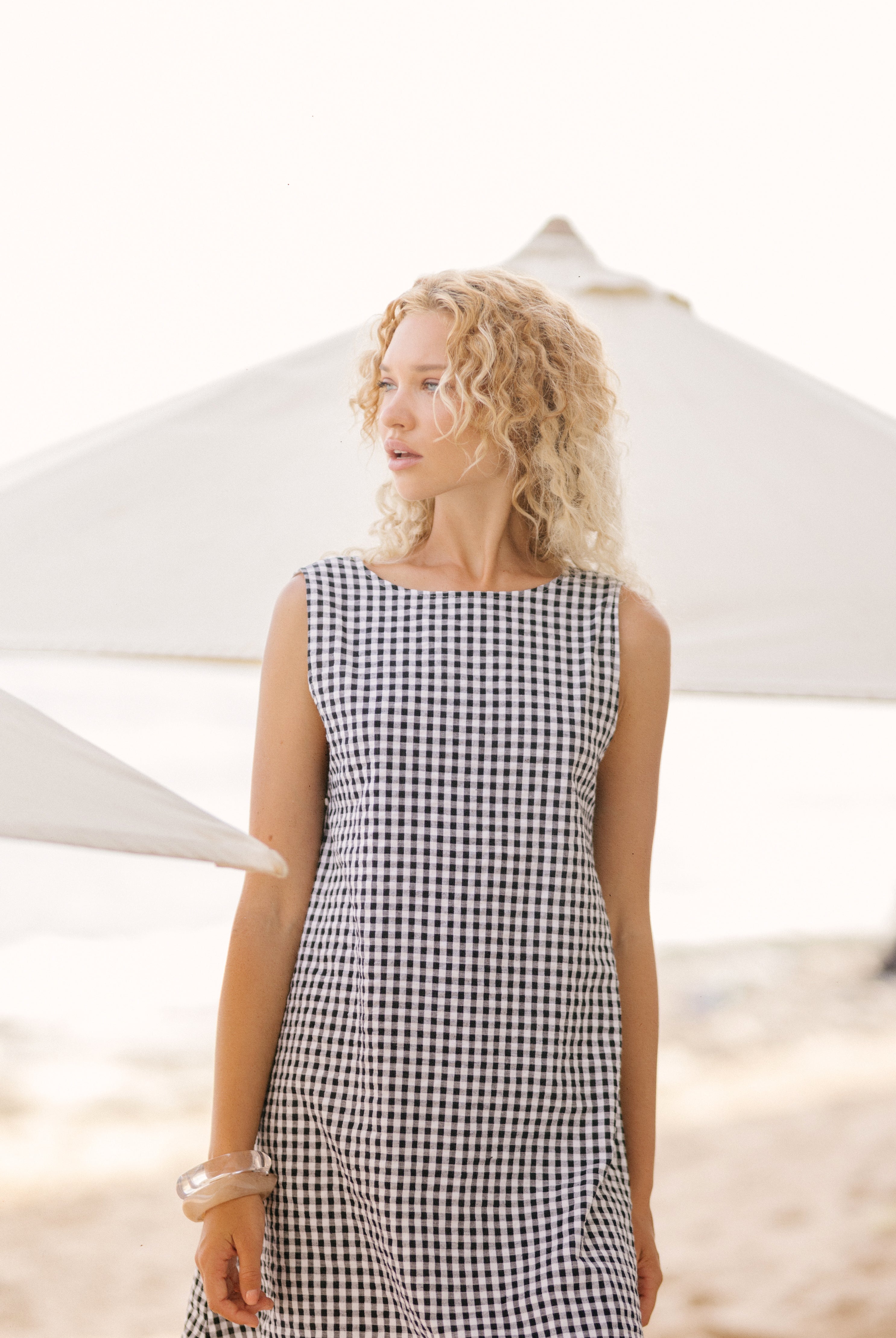 Black gingham Gili maxi dress by Puka - reversible dual neckline, petite-friendly cotton maxi perfect for beach vacations and southern summer styling