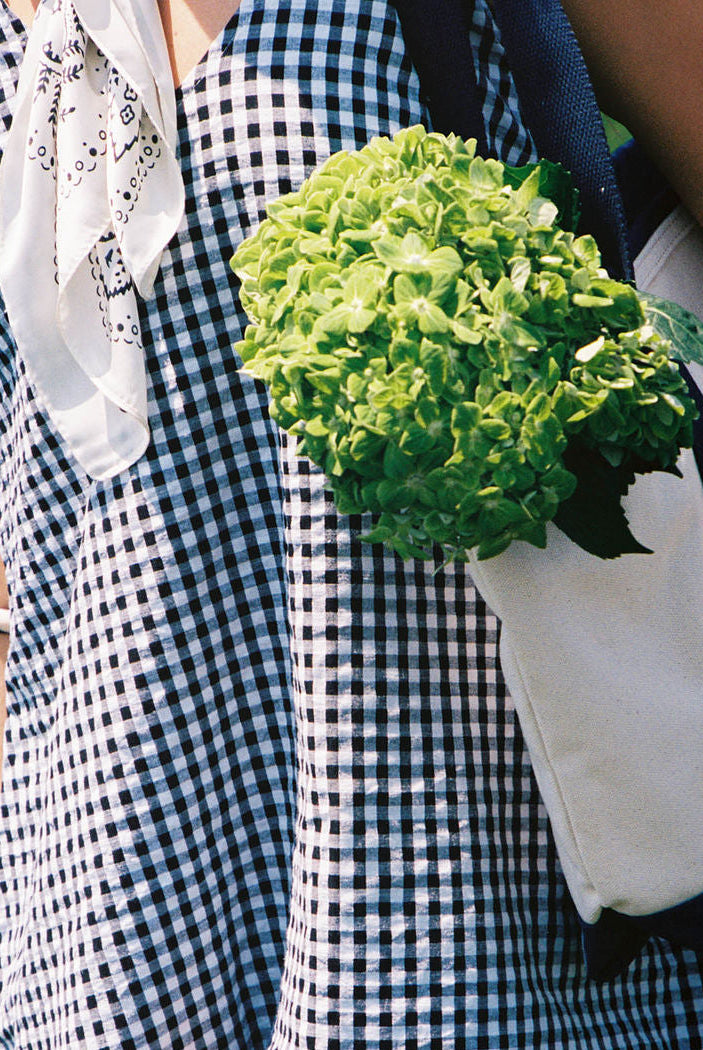 Black gingham Gili dress styled for a beach vacation - lightweight petite maxi dress ideal for 30A, Nantucket, and warm weather travel