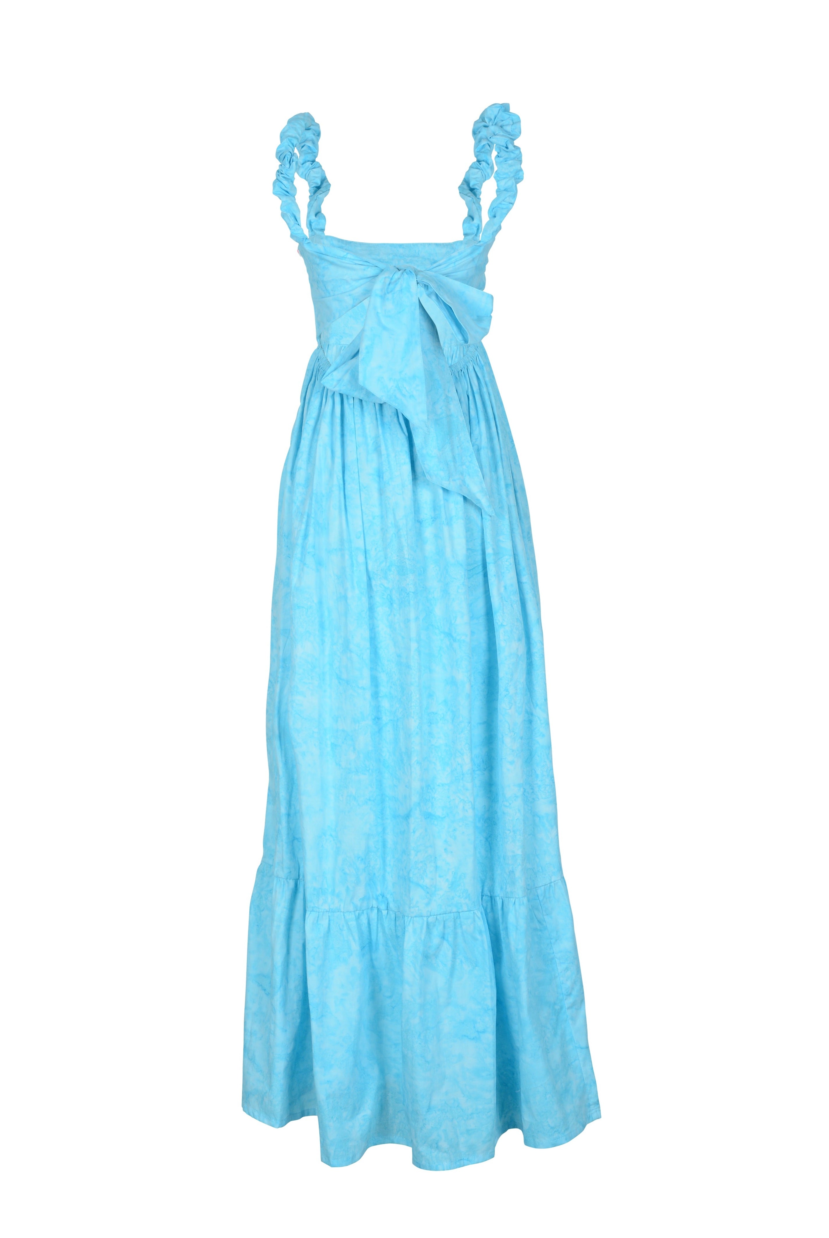 Aqua Bonito dress back view — open-back bow tie detail on aqua cotton ruffle dress, Puka The Label product shot