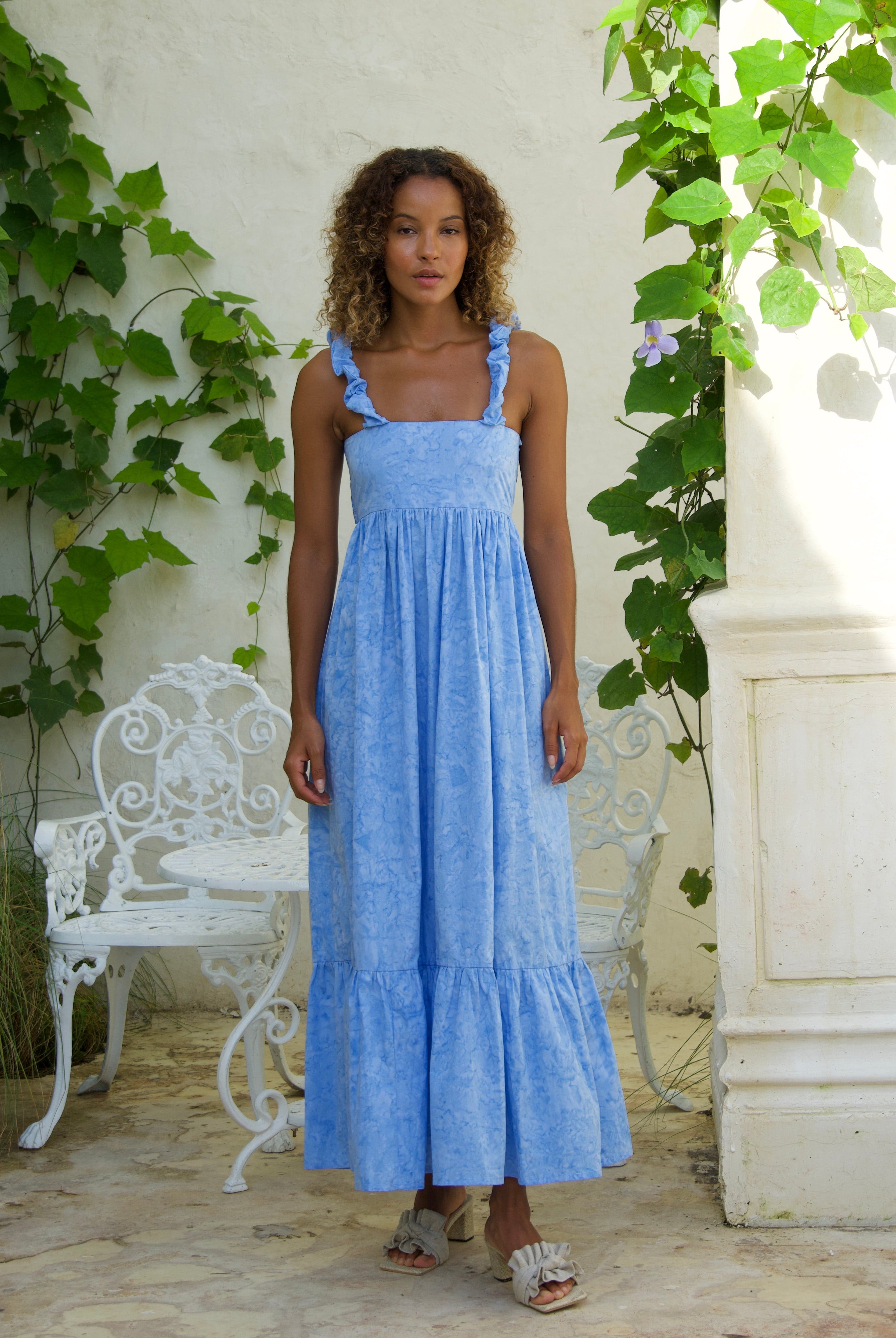 Petal blue cotton ruffle Bonito dress by Puka The Label — feminine summer dress for baby showers, tea parties, and beach vacation outfits