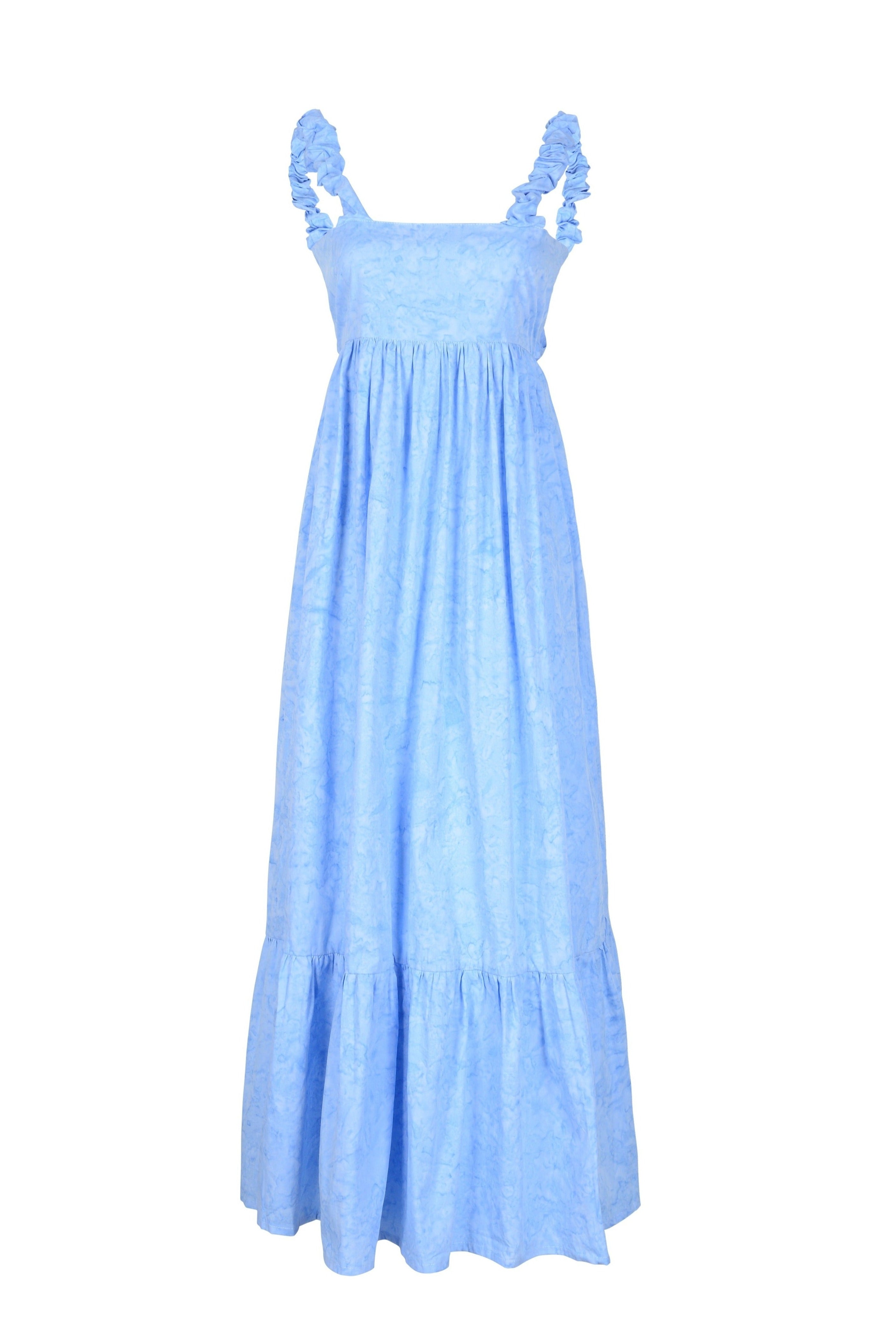 Petal blue Bonito dress front view — cotton ruffle dress with scrunchie straps, Puka The Label