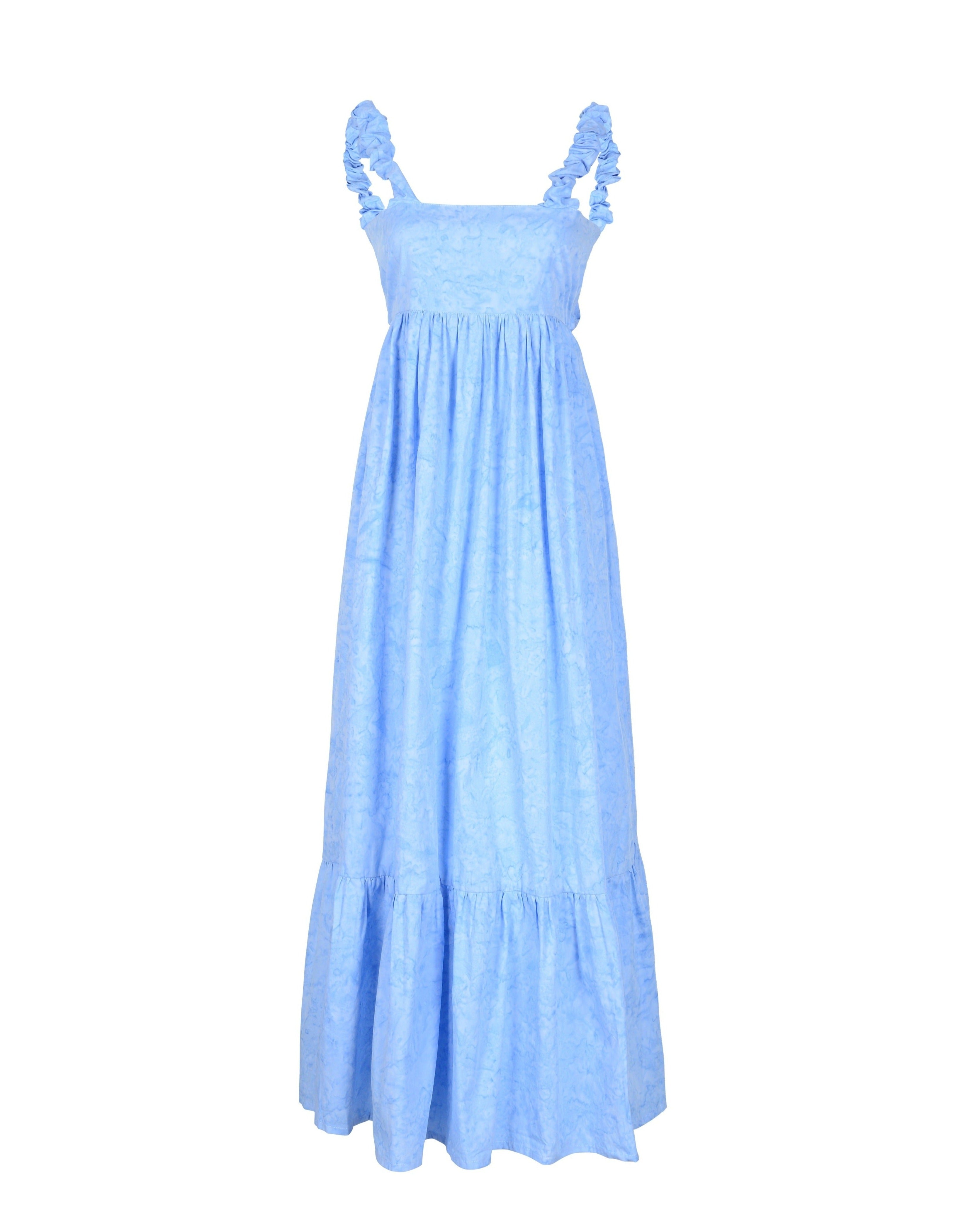 Petal blue Bonito dress front view — cotton ruffle dress with scrunchie straps, Puka The Label