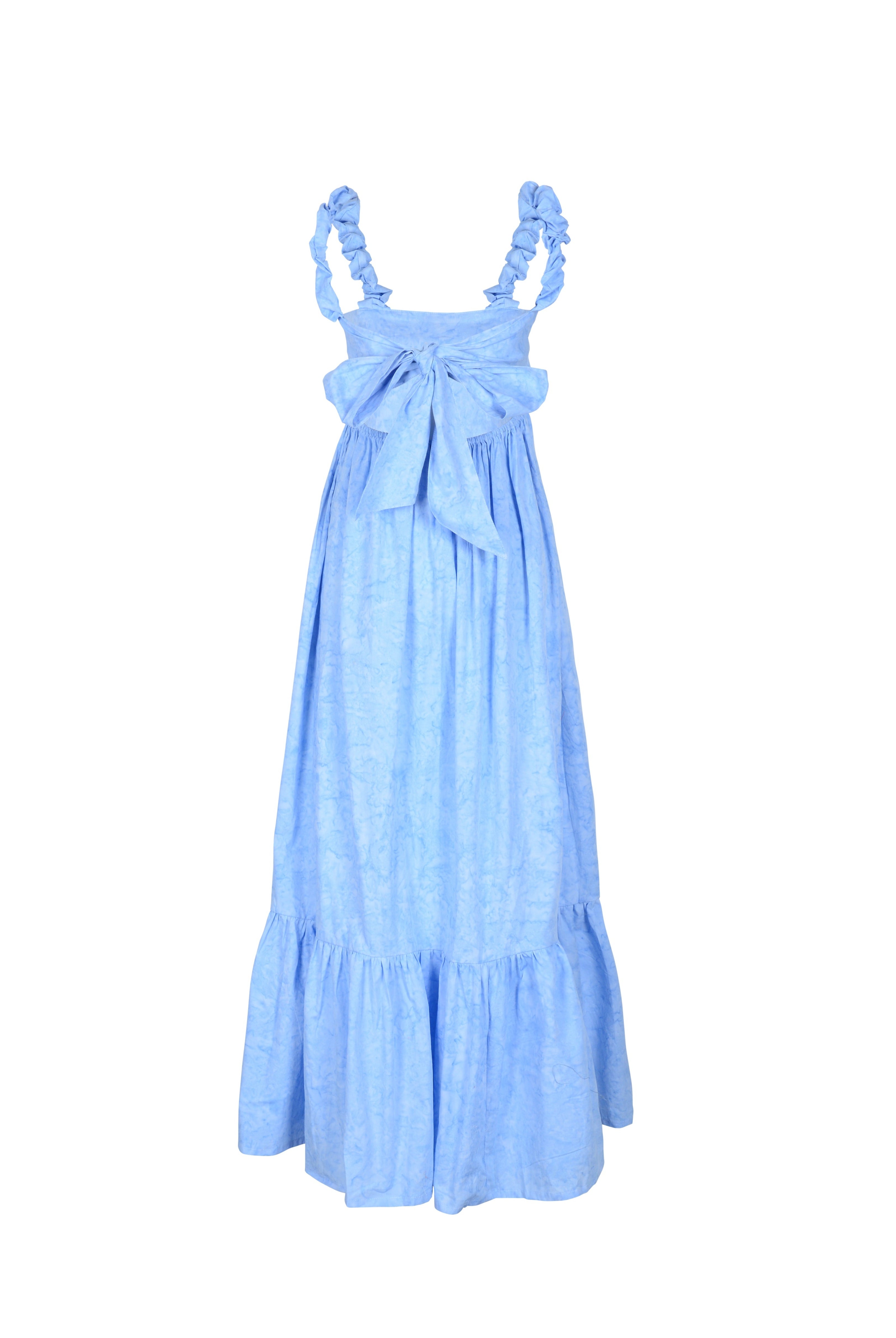 Petal blue Bonito dress back view — voluminous cotton ruffle skirt with open-back tie, Puka The Label