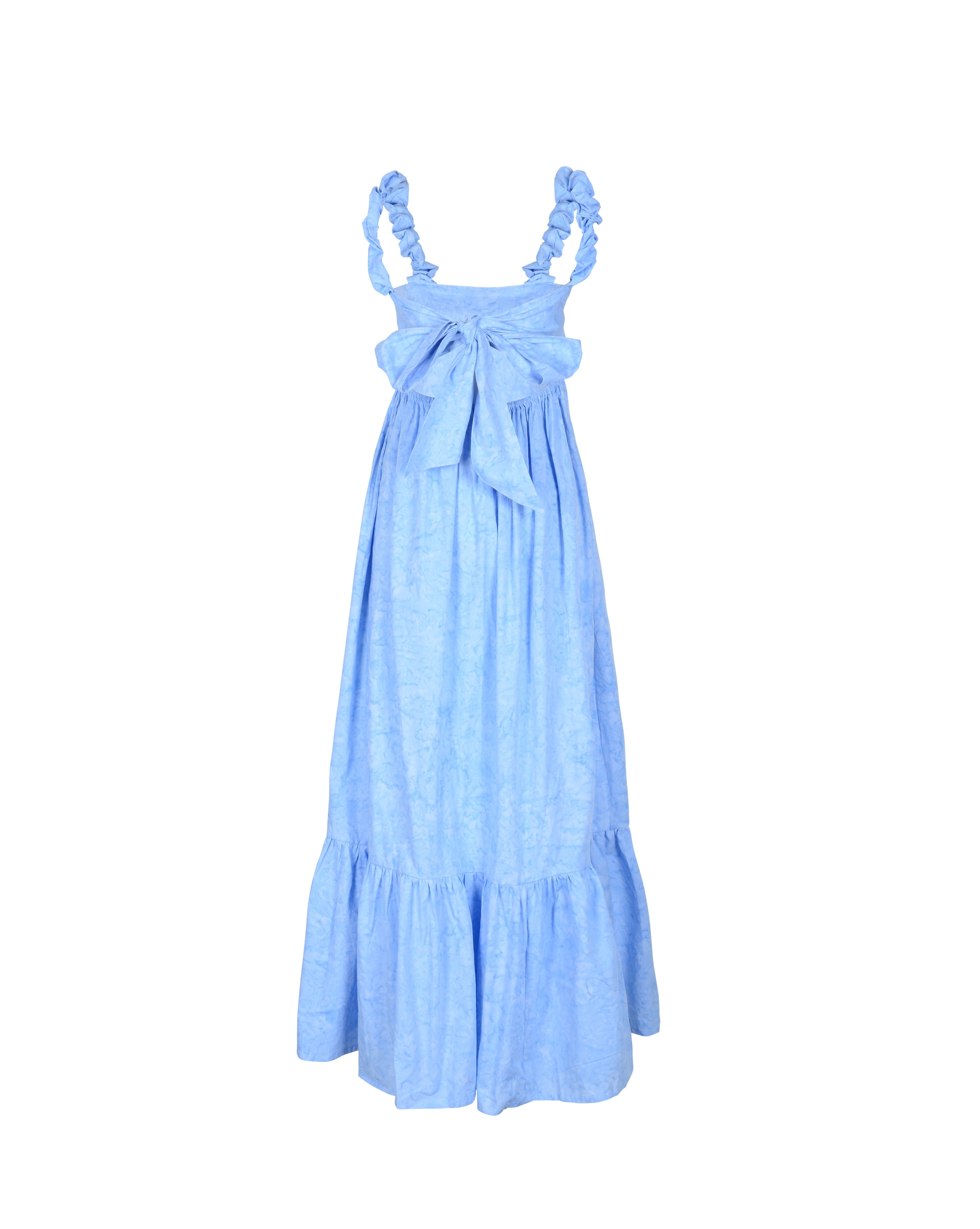Petal blue Bonito dress back view — voluminous cotton ruffle skirt with open-back tie, Puka The Label