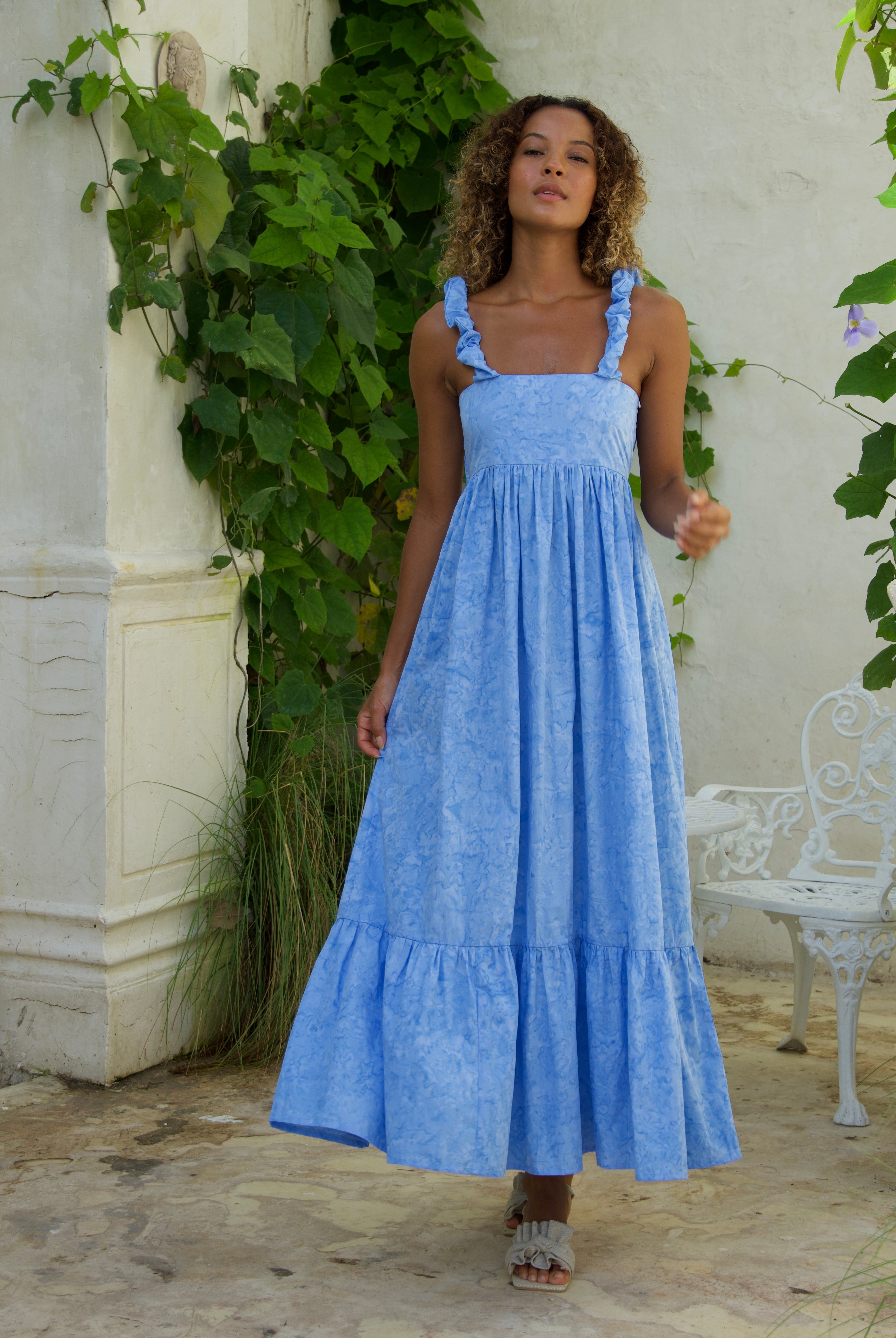 Petal blue ruffle dress with scrunchie straps — effortless cotton summer dress for parties, BBQs, and beach vacations