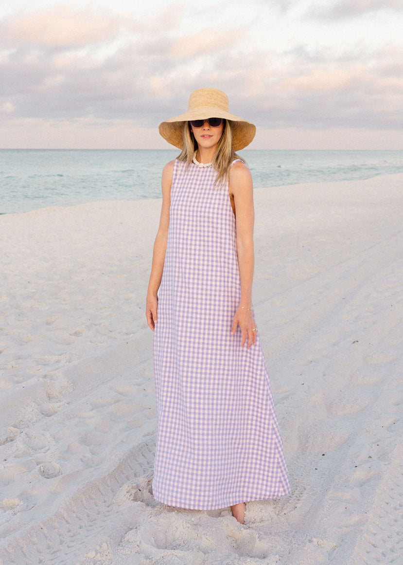 Charli Evans pink purple gingham maxi dress — Puka x Charli Evans collaboration