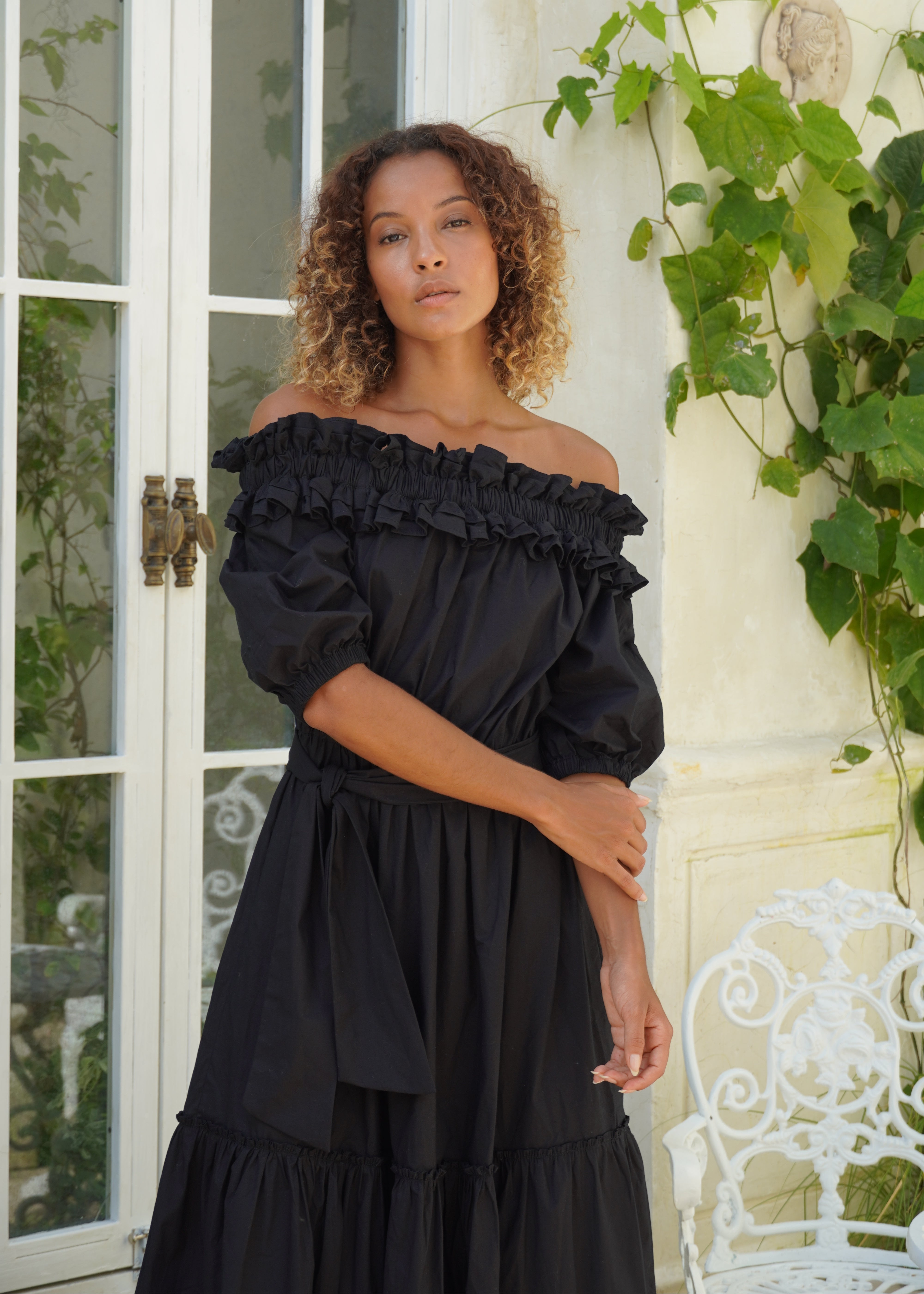 Chic black long gown off the shoulder coastal wedding guest dress idea, elegant flowy cotton maxi for special occasions