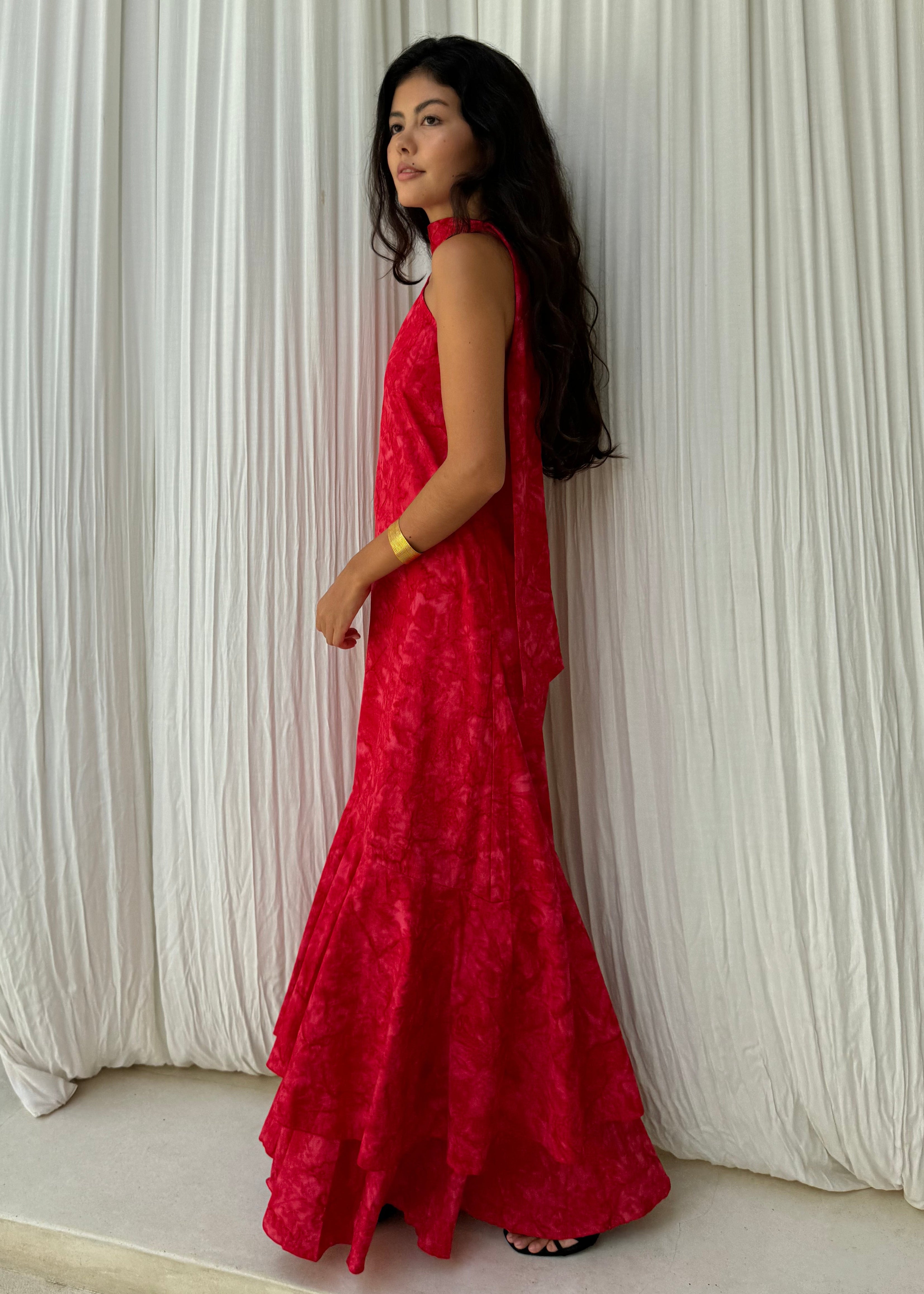 Chic red ruffle maxi dress for beach wedding and black tie event, sophisticated one of a kind statement dress