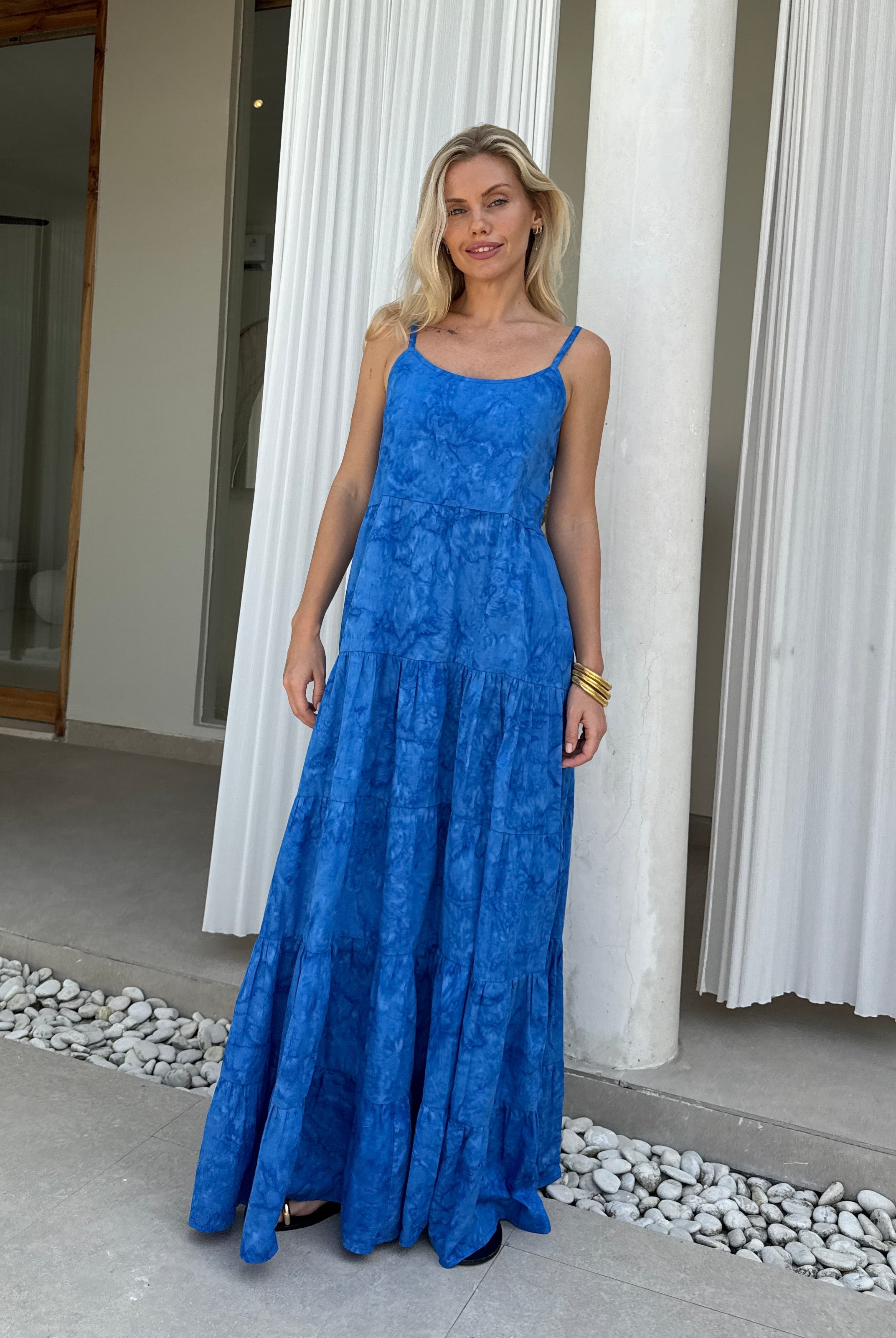 Cobalt blue hand-dyed tiered cotton maxi dress summer wedding guest outfit 2026, flowy adjustable strap dress one-of-a-kind Puka The Label