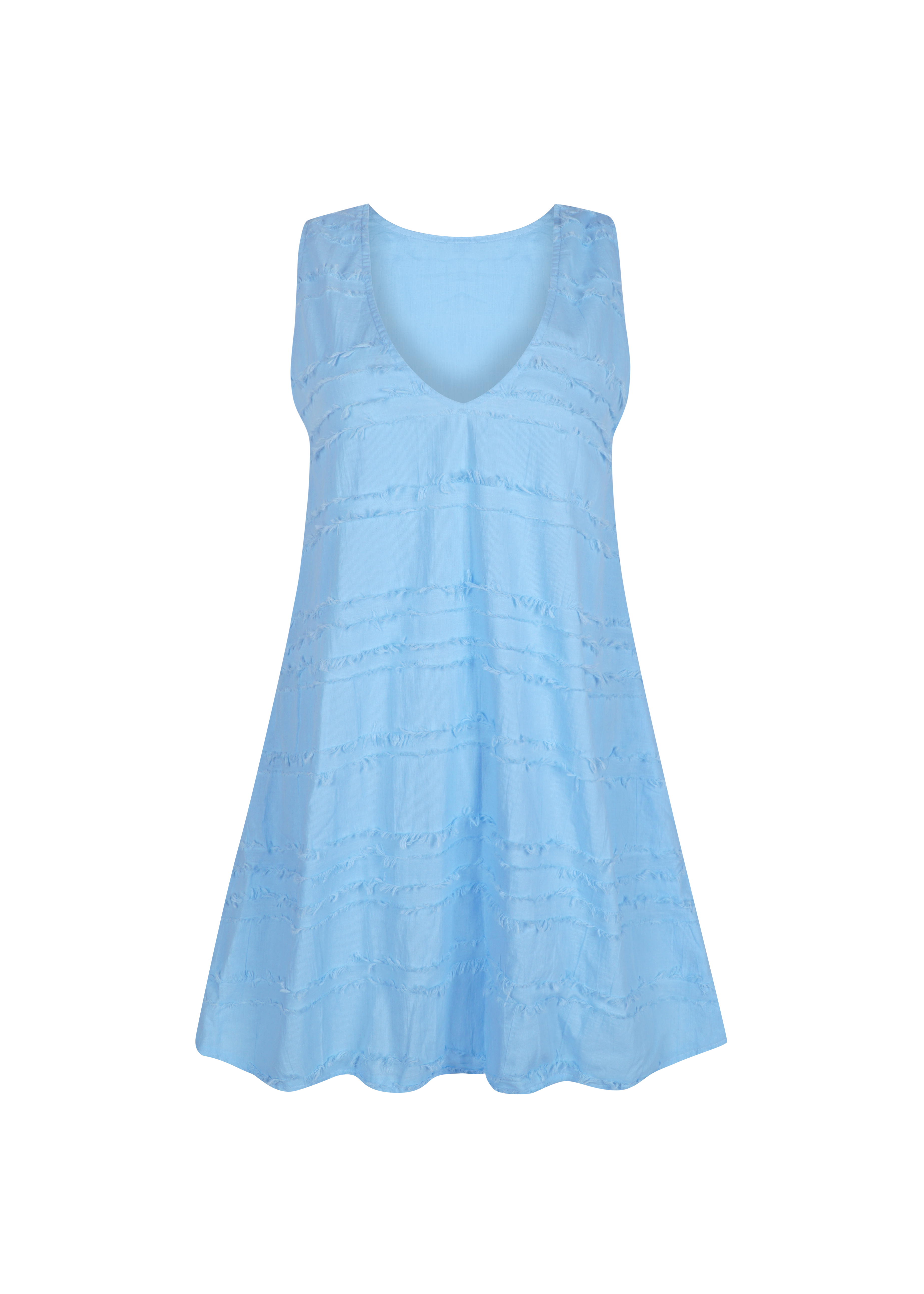 Couper x Puka Exclusive Mini Gili light blue ghost mannequin flat lay, textured cotton reversible V-neck high neck mini dress 100% cotton Puka The Label 2026
