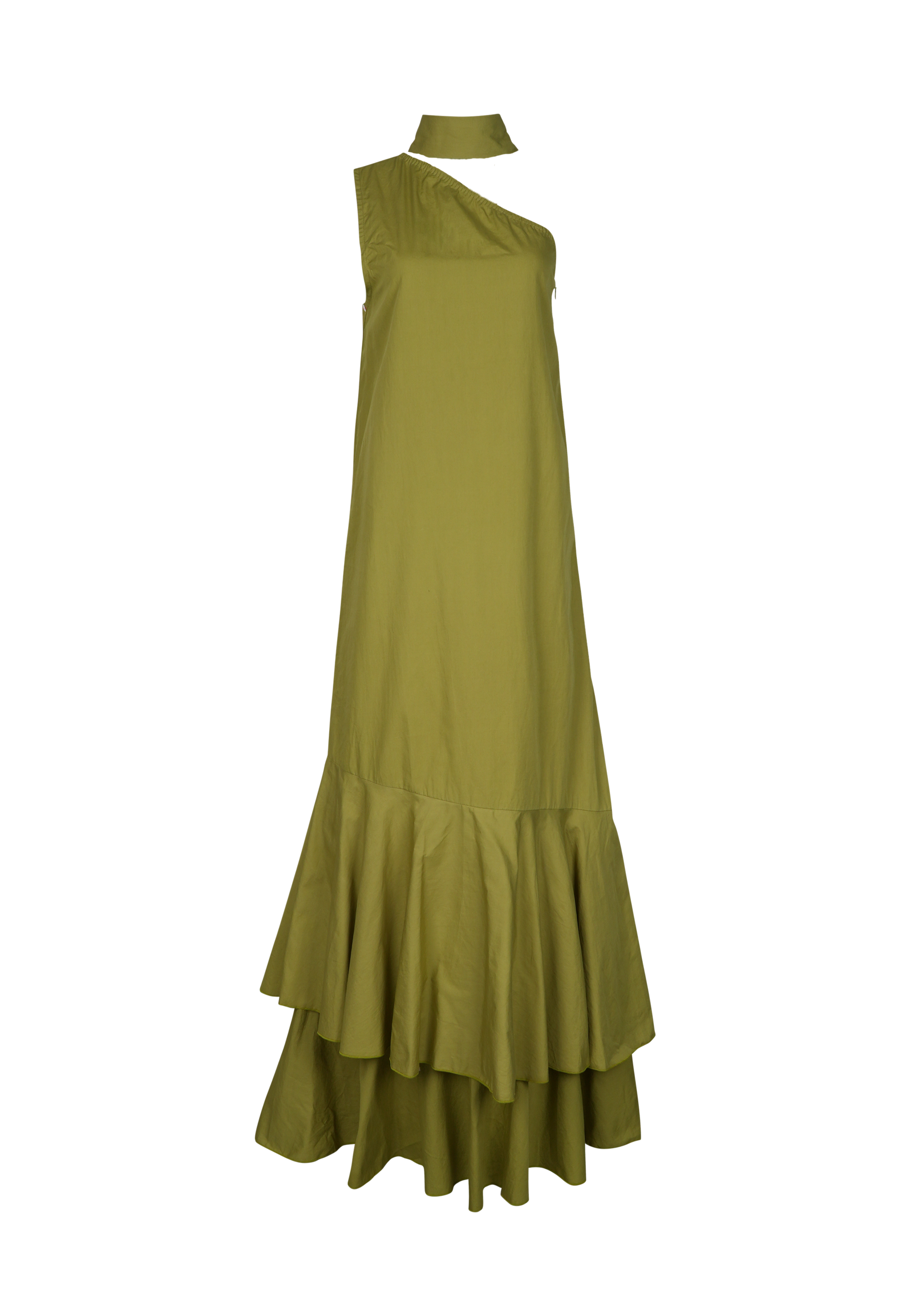 Couper Exclusive Ruffle Maxi green ghost mannequin flat lay, hand-dyed botanical green cotton ruffle maxi dress with self belt 100% cotton Puka The Label