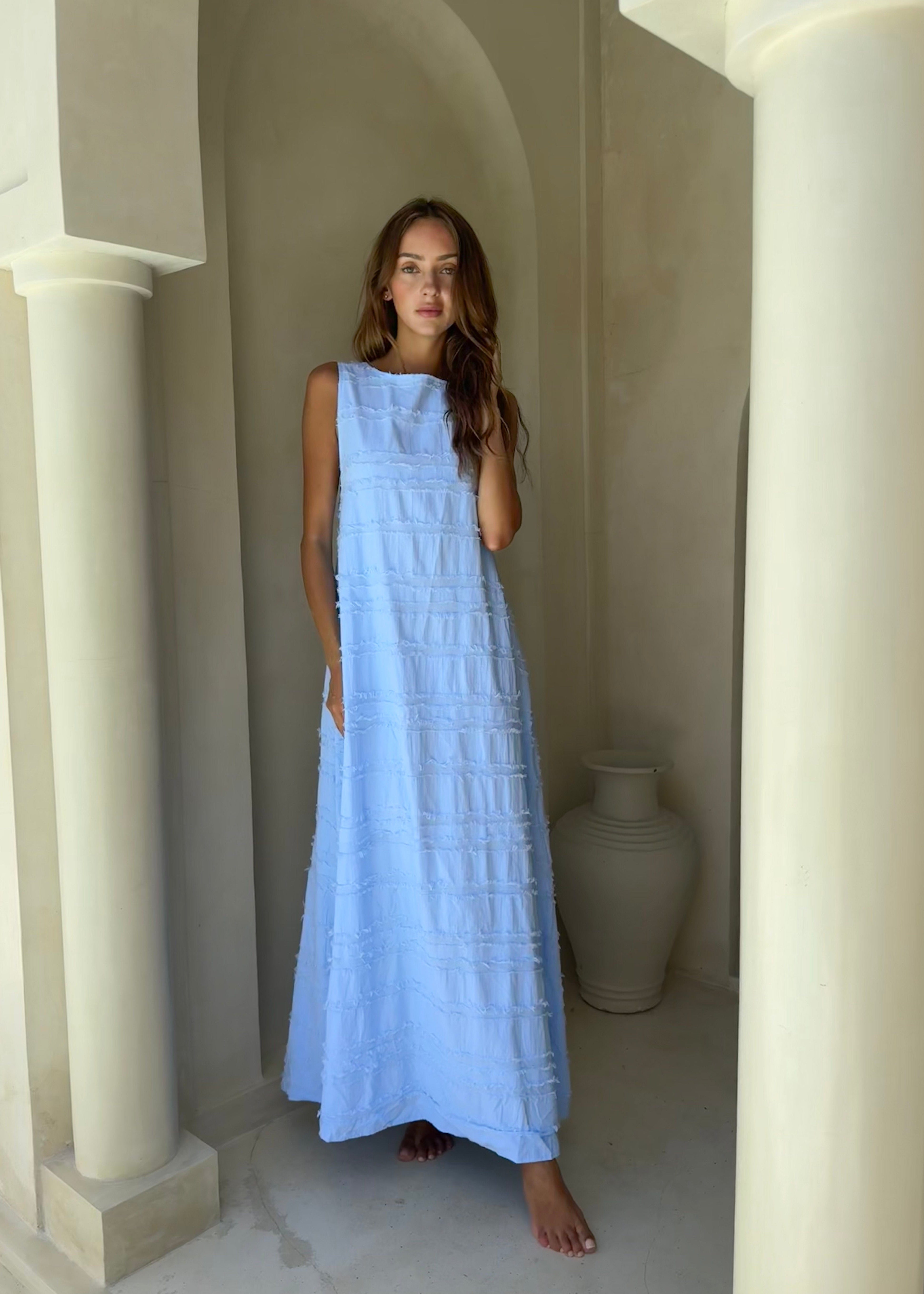 Couper x Puka Exclusive Gili Dress light blue feathered cotton maxi full length, European summer vacation dress 2026 Puka The Label