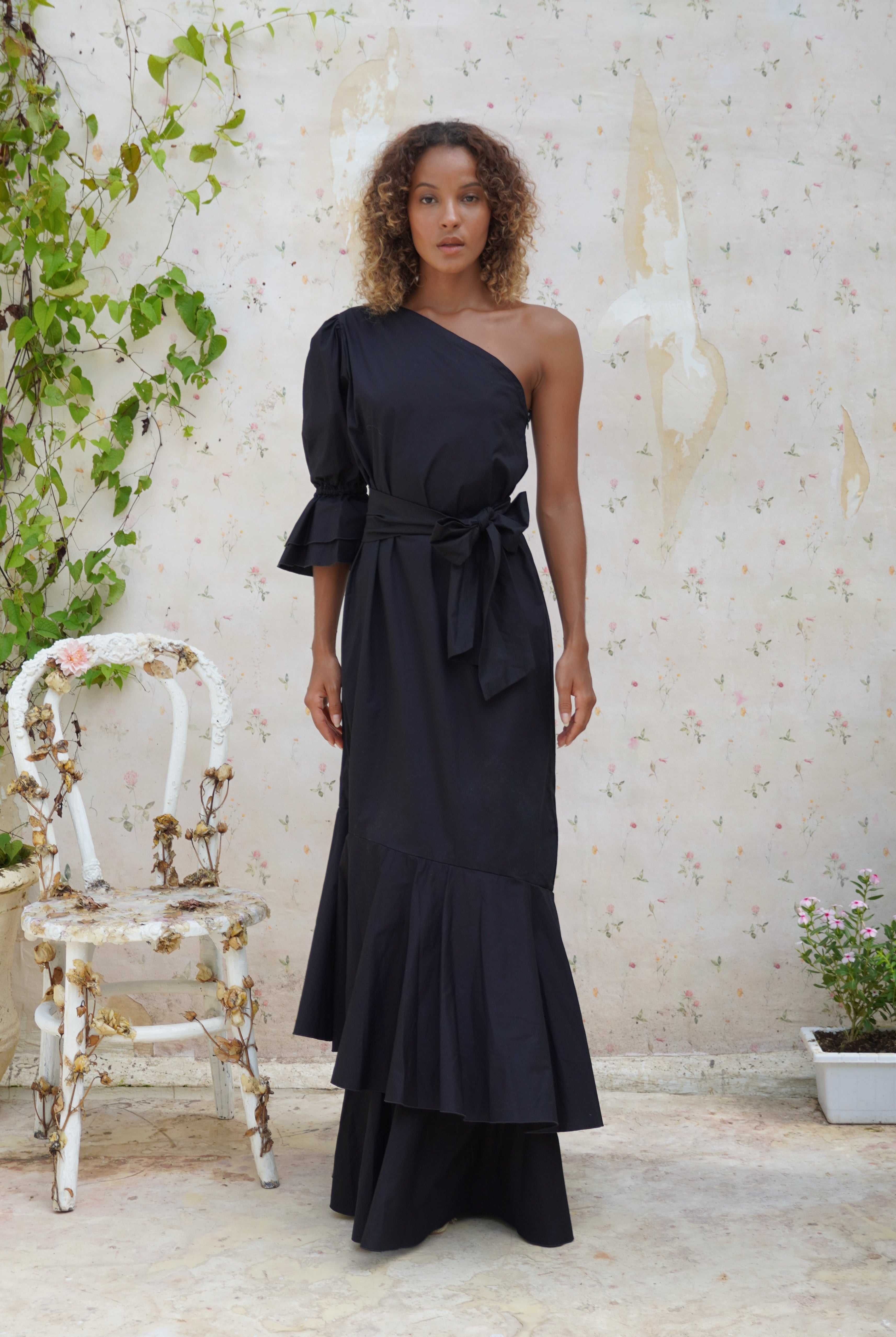 Elegant black maxi dress coastal wedding guest outfit, sophisticated one shoulder ruffle dress for formal events