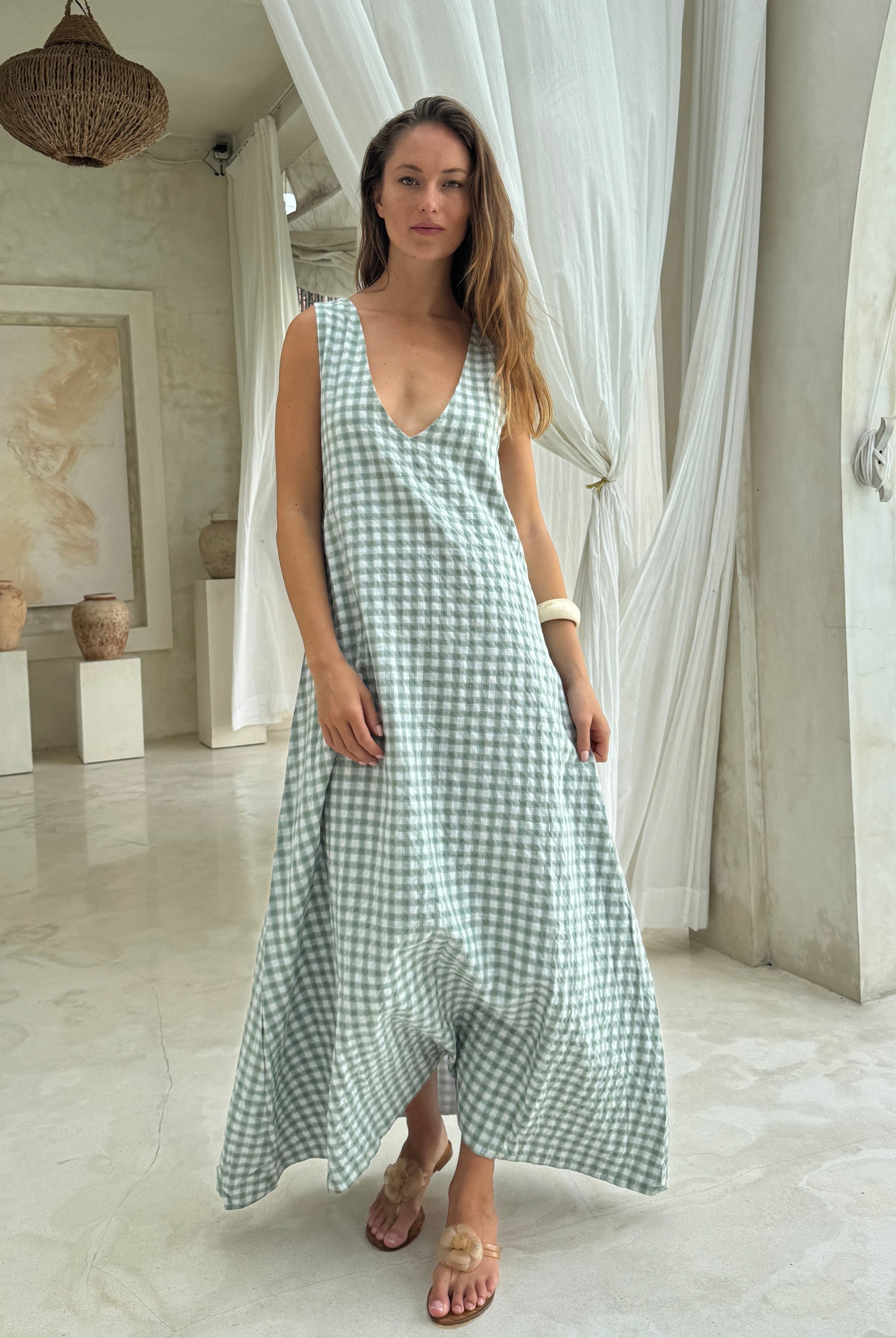 Green gingham maxi dress with V-neckline, easy to wear flowy cotton summer dress for beach vacation, resort wear and baby shower Puka The Label