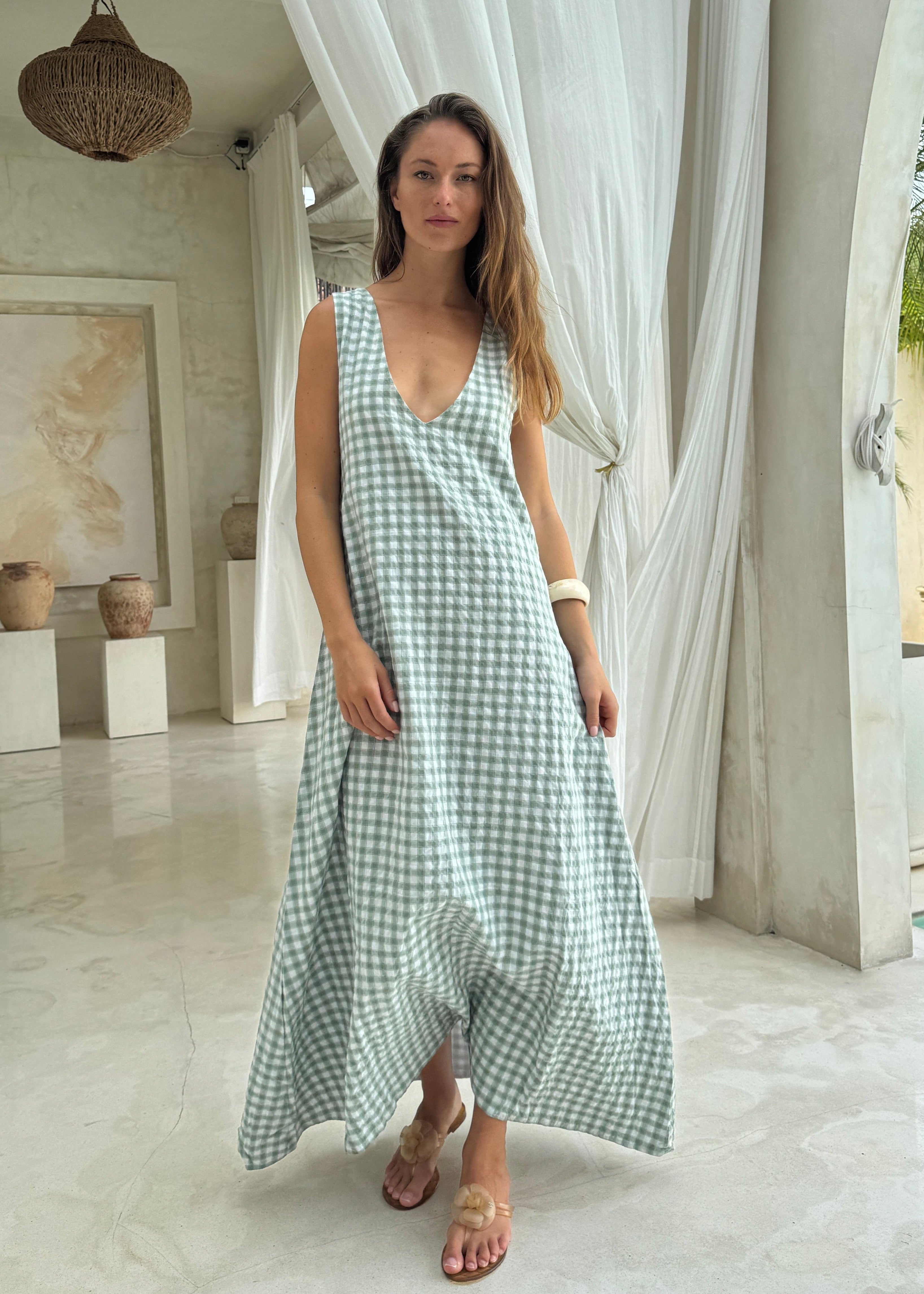 Green gingham maxi dress with V-neckline, easy to wear flowy cotton summer dress for beach vacation, resort wear and baby shower Puka The Label