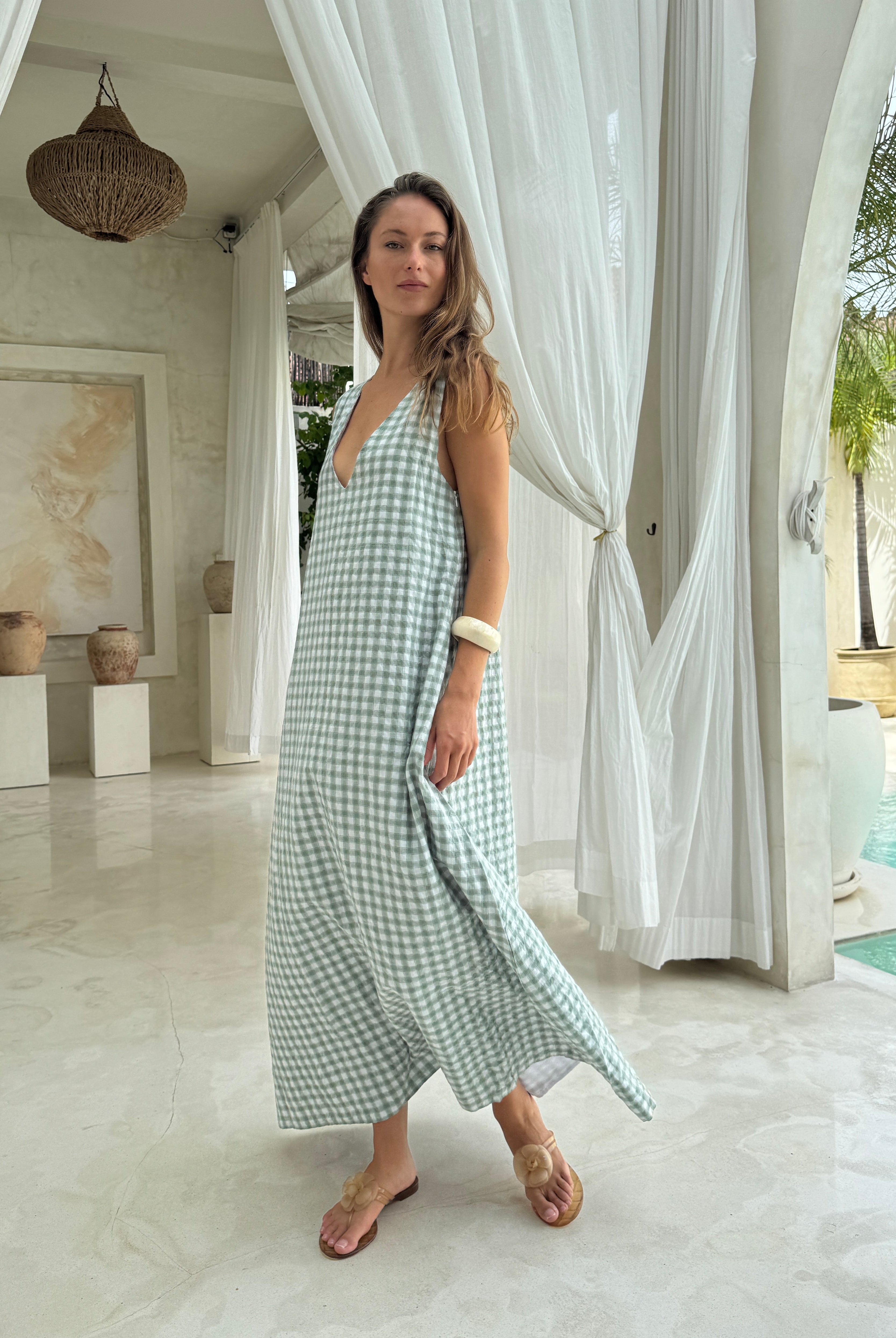 Green gingham Gili Dress V-neckline detail, reversible easy maxi dress for garden party, baby shower, beach or brunch Puka The Label