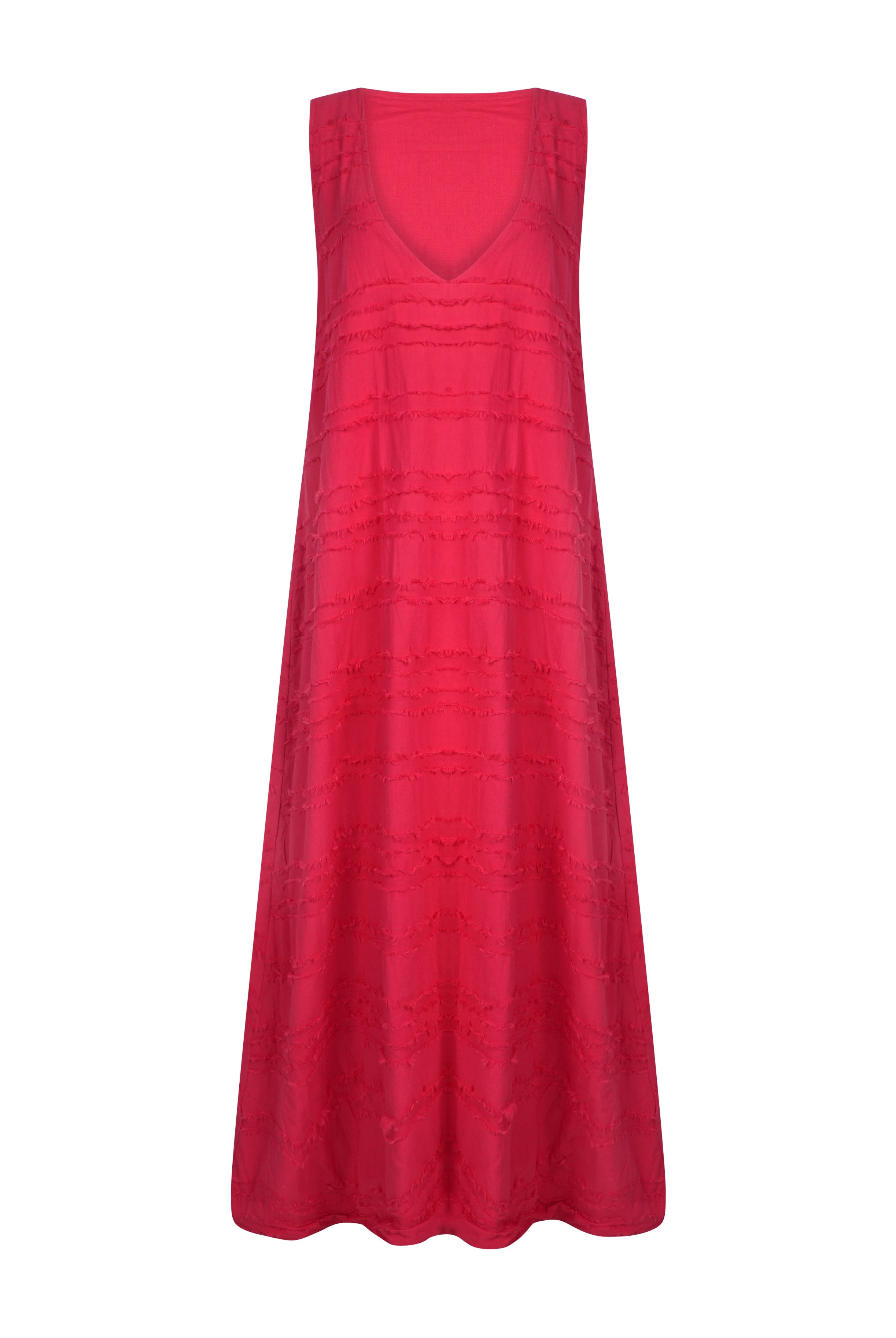 Gili Dress Red Feather flat lay ghost mannequin, red textured cotton maxi dress pre-order side zipper 100% cotton Puka The Label