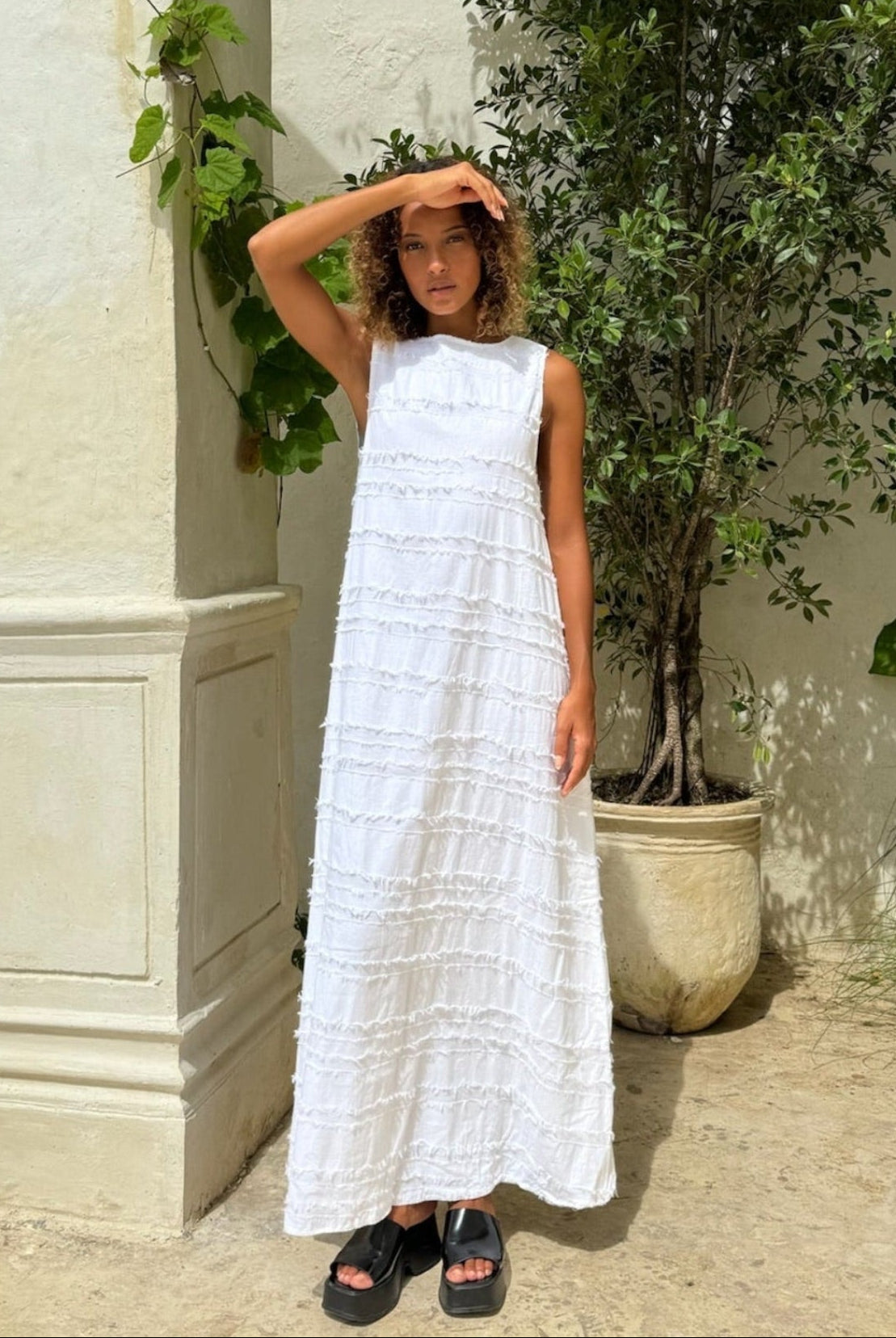 White chic easy to wear dress with texture, high or low neckline maxi dress