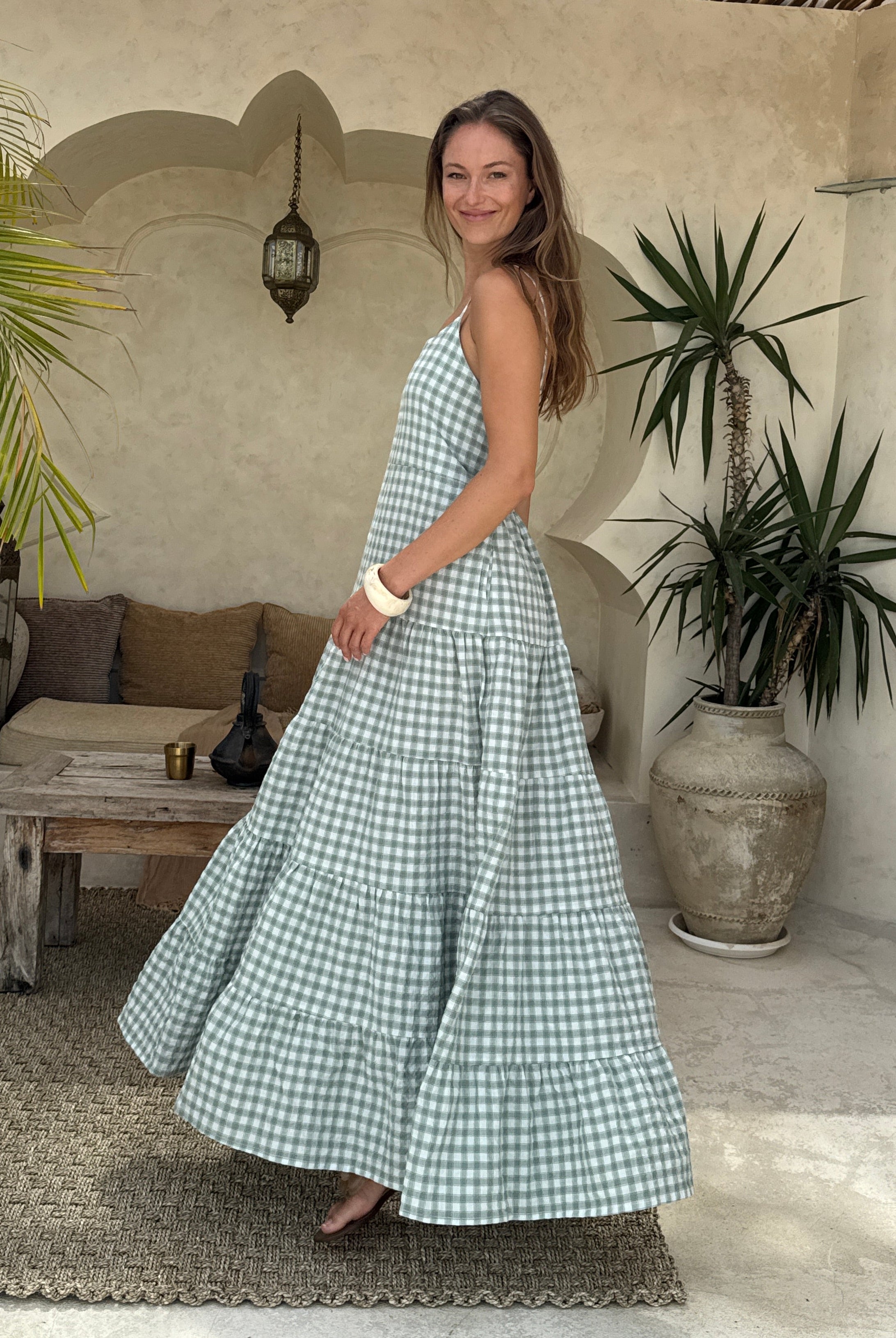 Green gingham tiered cotton maxi dress tea party and outdoor brunch outfit summer 2026, preppy flowy Waverly Dress for warm weather occasion Puka The Label