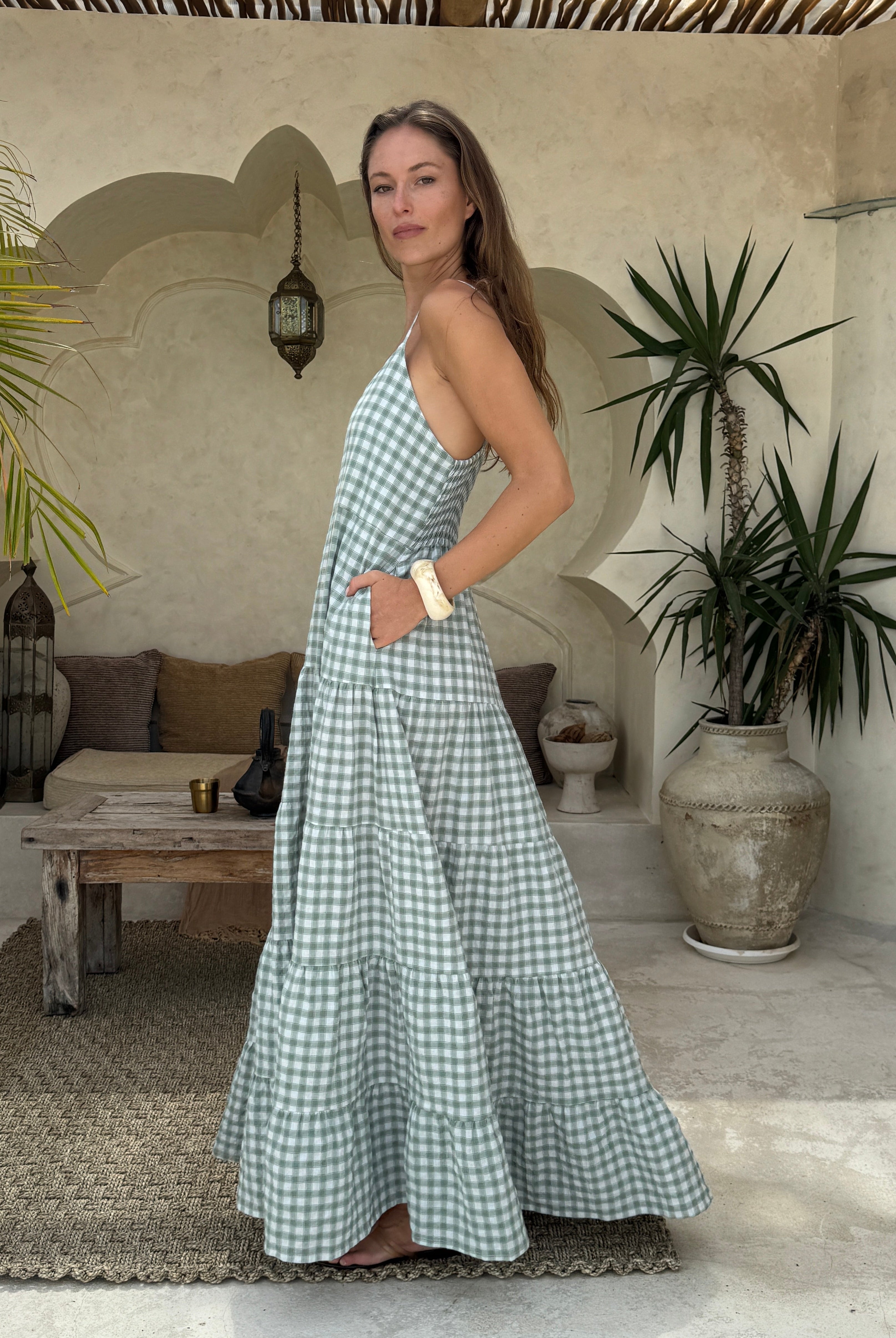 Green gingham tiered cotton Waverly Dress farmers market and coastal summer outfit 2026, effortless preppy maxi dress for warm weather weekend Puka The Label