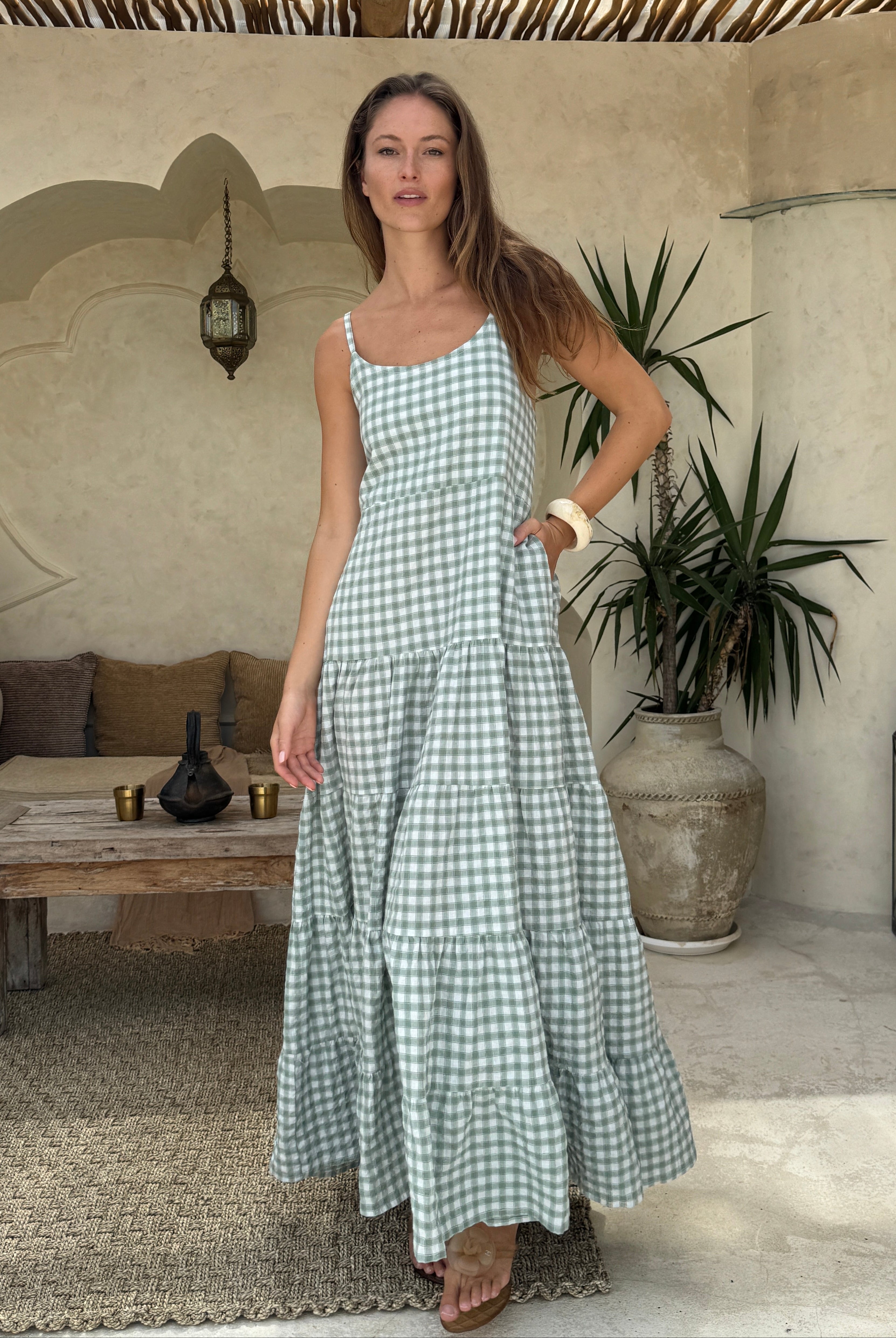 Green gingham tiered cotton Waverly Dress Nantucket preppy summer outfit 2026, flowy adjustable strap maxi dress for East Coast coastal occasion